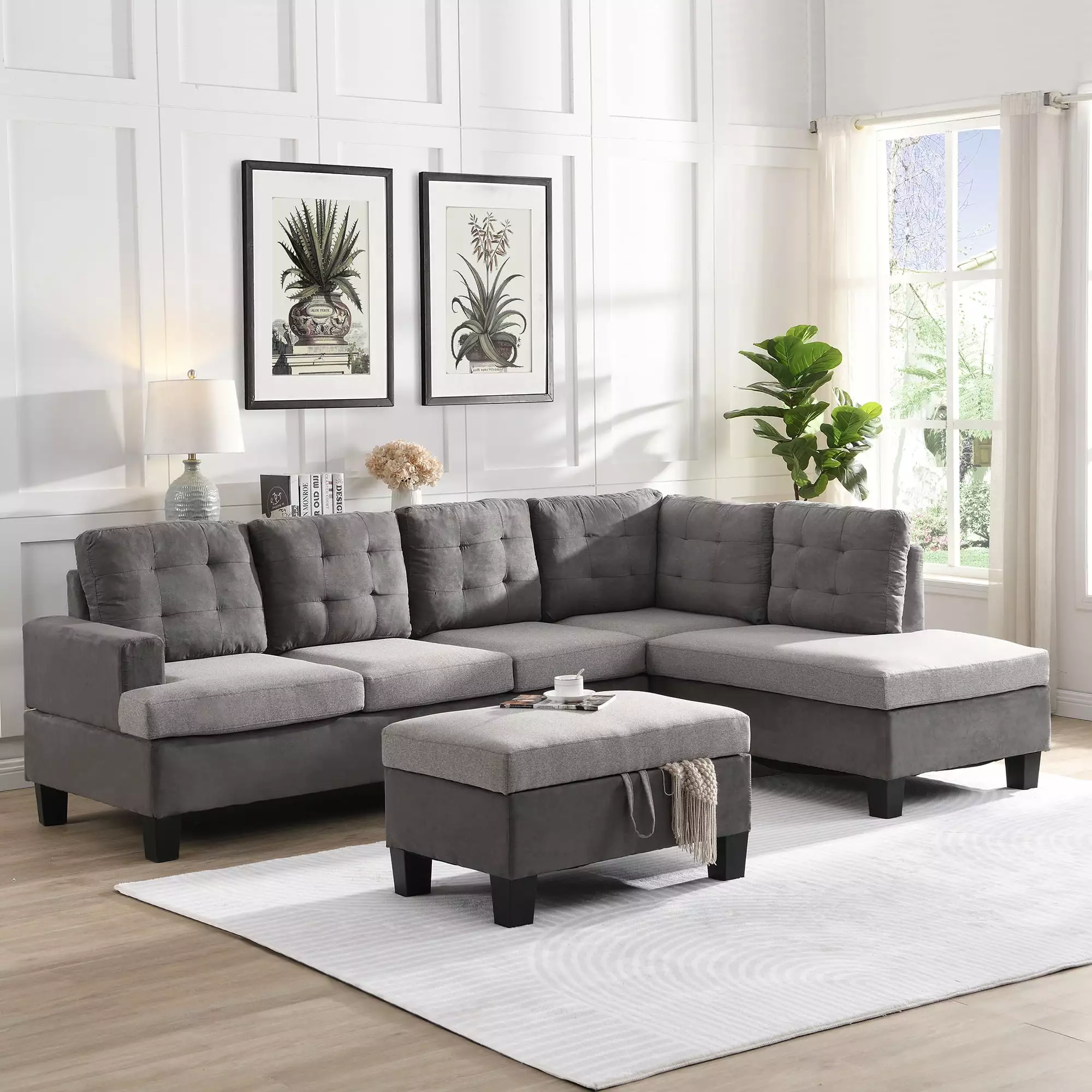 Modular Sectional Sofa Sets. 3-Piece Sectional sofa with Chaise and Storage Ottoman. Reversible Sectional L-Shaped Sofa Bed. Modern Linen Fabric Couch for Living Room. Apartment. Gray