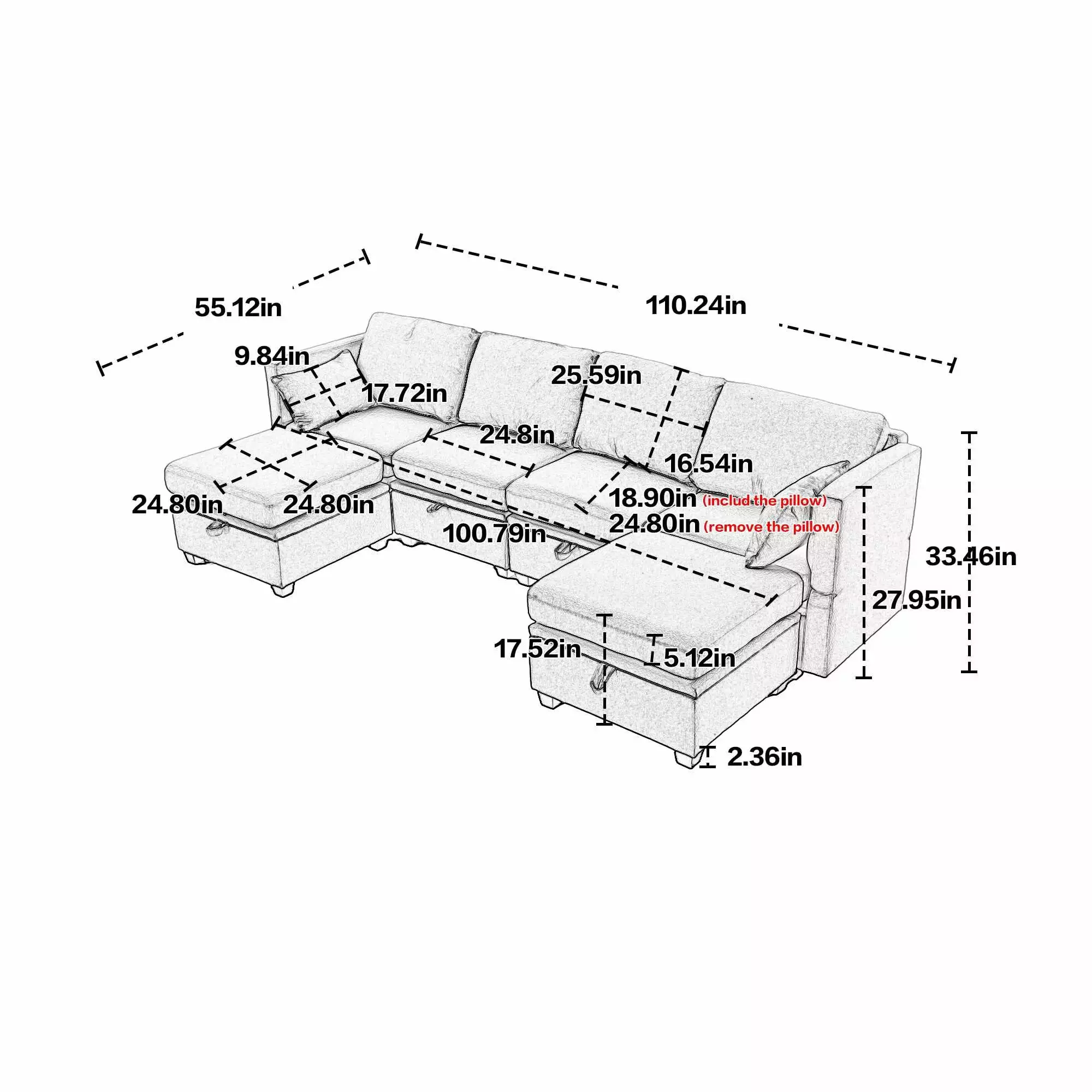 Modular Sectional Sofa. U Shaped Couch Reversible Chaise with Storage Seat