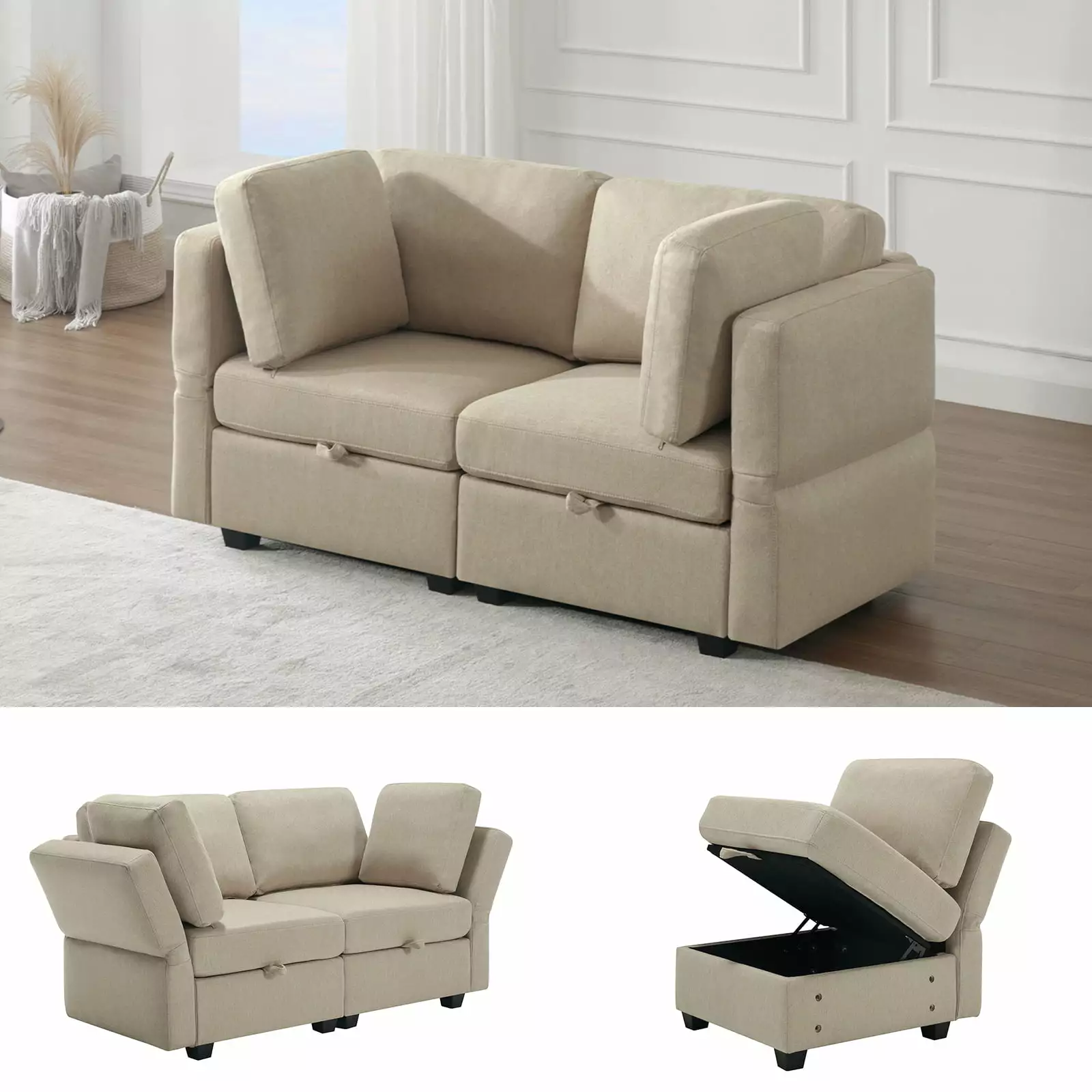 Modular Sofa with Storage Ottomans. 2-Seater Fabric Couch with Adjustable Arms and Backs. Beige