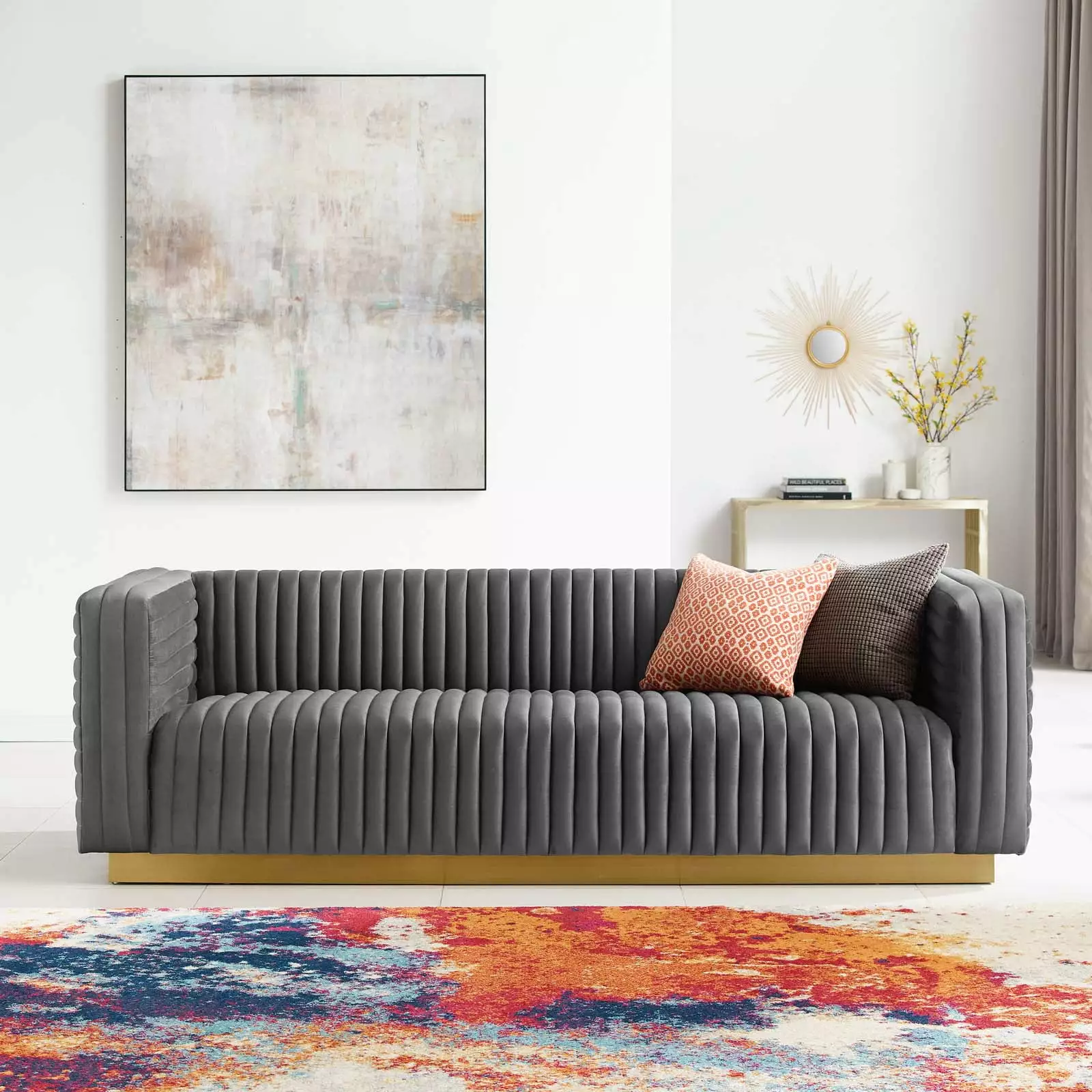 Modway Charisma Channel Tufted Performance Velvet Living Room Sofa in Charcoal