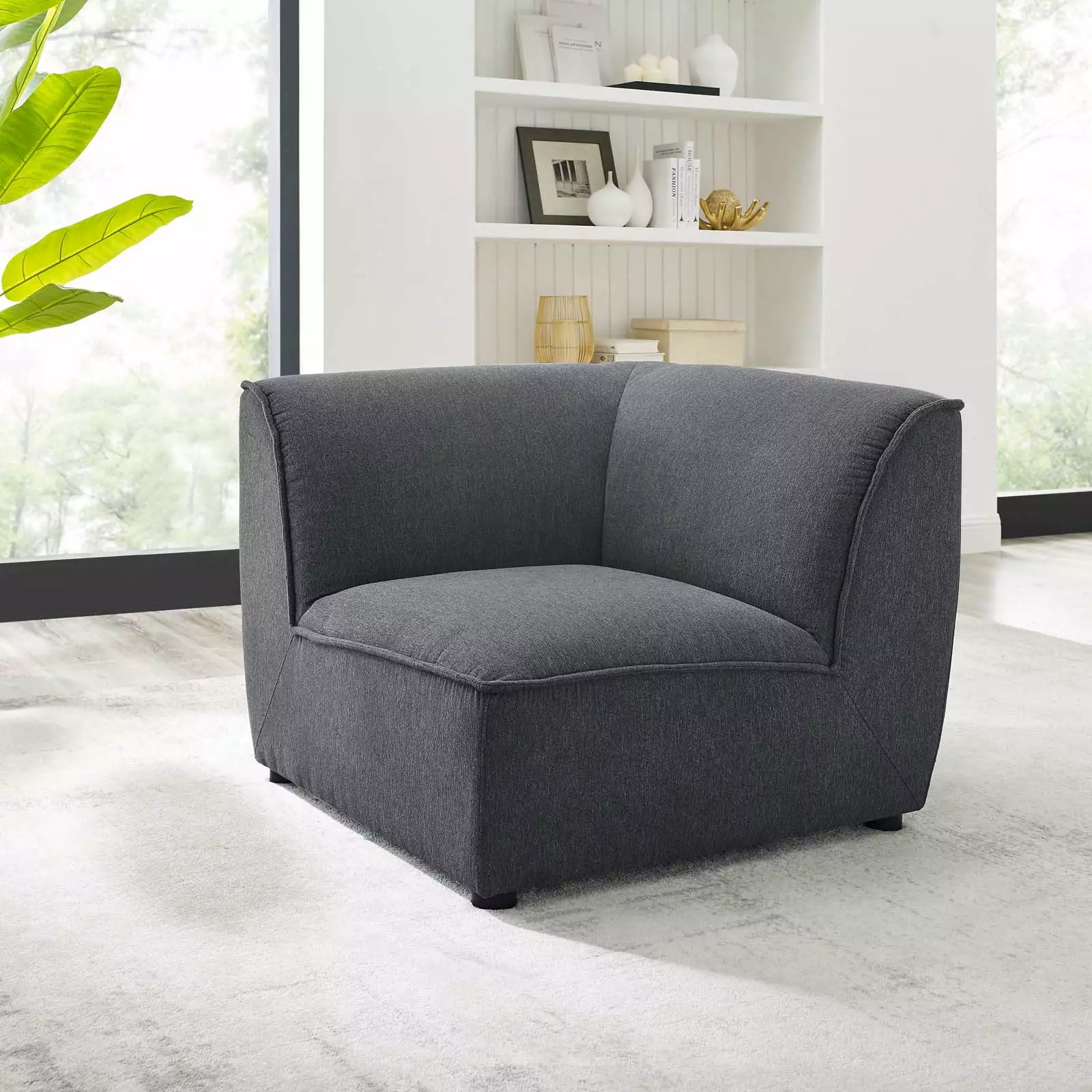 Modway Comprise Polyester Fabric Corner Sectional Sofa Chair in Charcoal