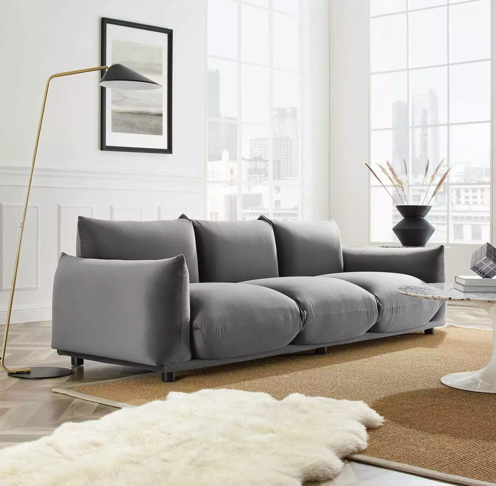 Modway Copious Performance Velvet Sofa in Gray