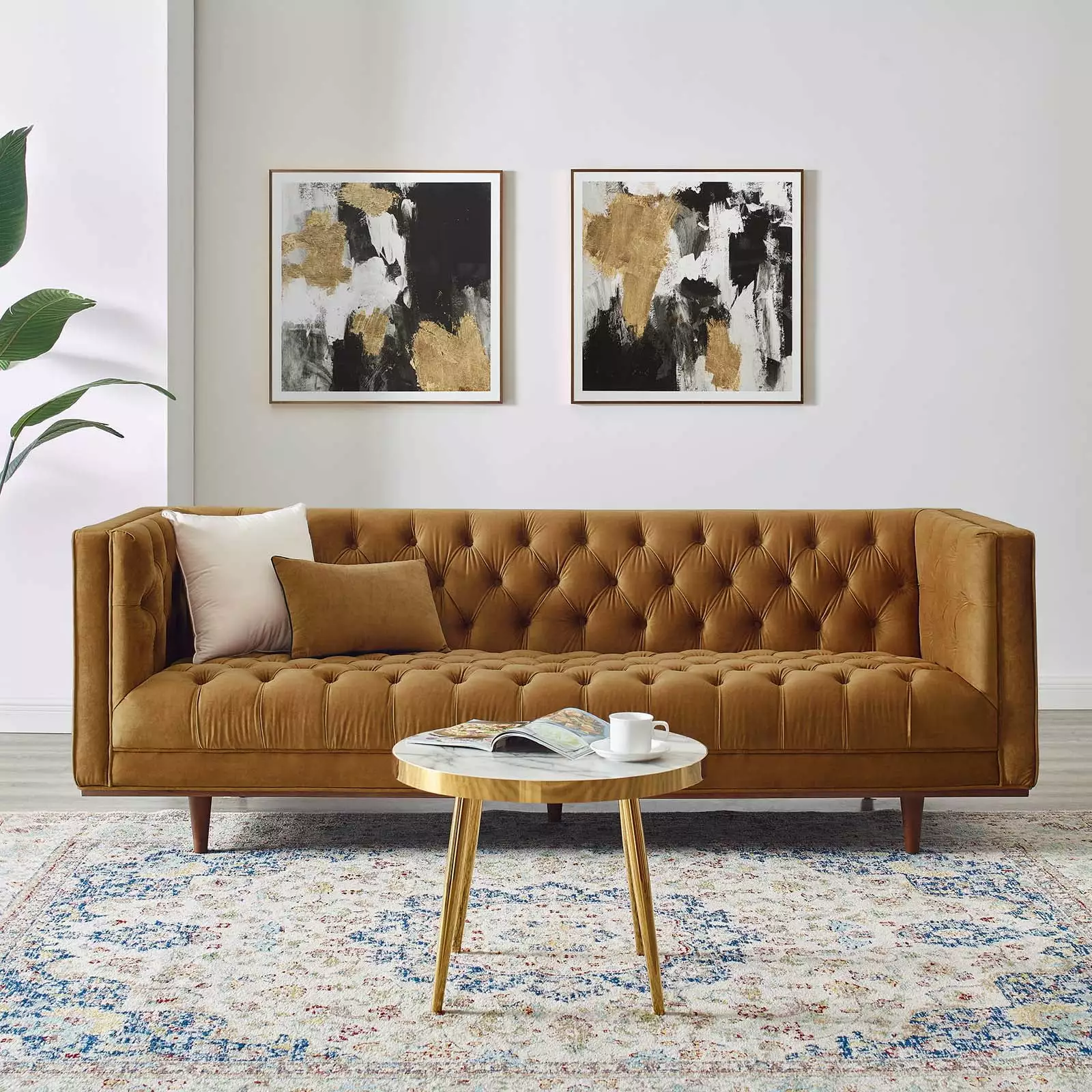 Modway Elation Modern Tufted Performance Velvet Sofa in Cognac Brown