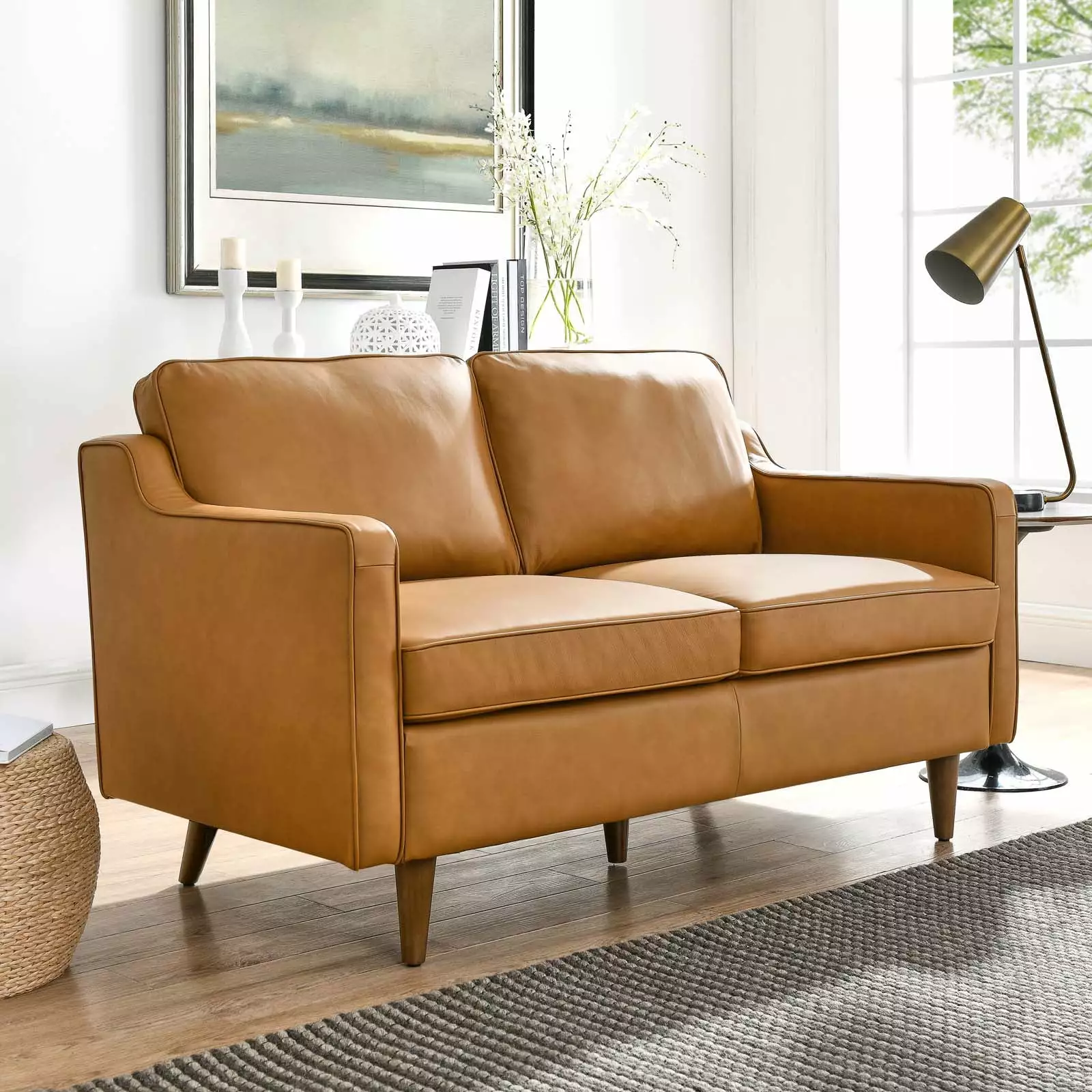 Modway Impart Genuine Leather Loveseat in Tan