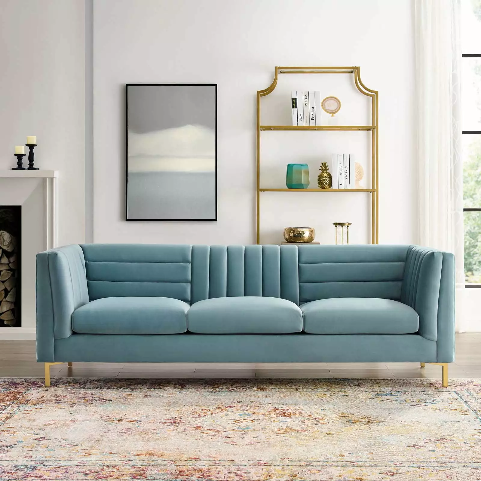 Modway Ingenuity Channel Tufted Performance Velvet Sofa in Light Blue