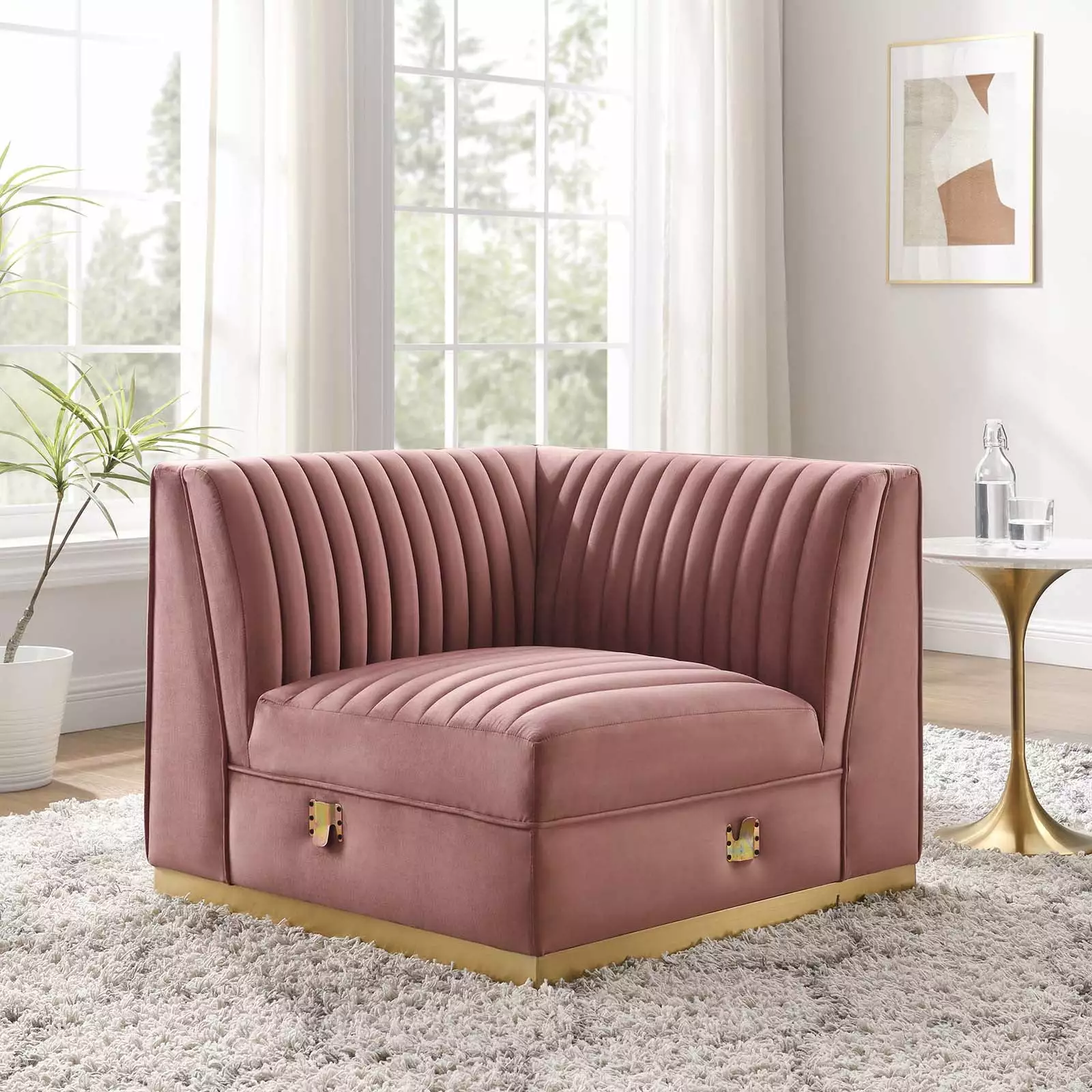 Modway Sanguine Channel Tufted Performance Velvet Modular Sectional Sofa Left Corner Chair in Dusty Rose