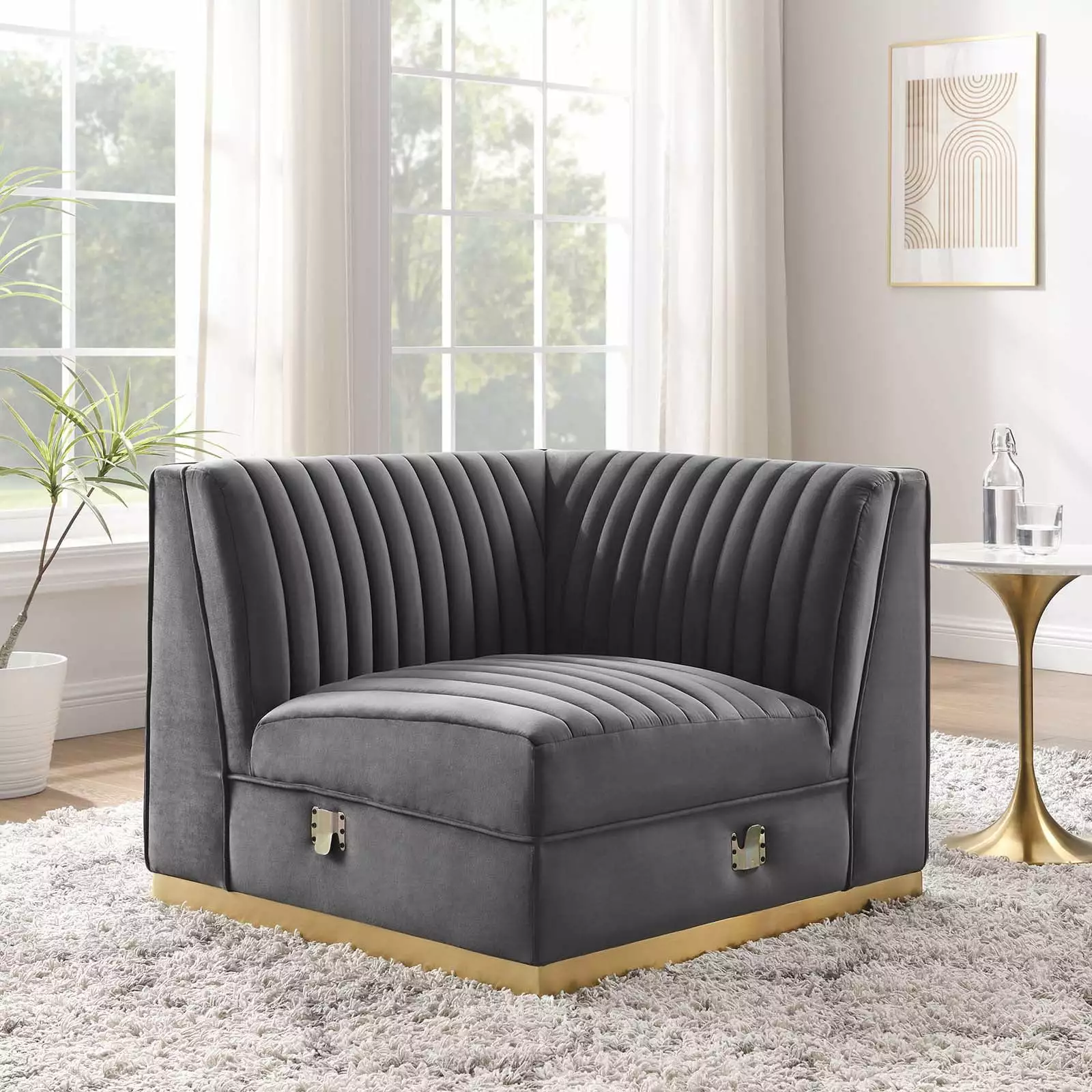 Modway Sanguine Channel Tufted Performance Velvet Modular Sectional Sofa Right Corner Chair in Gray