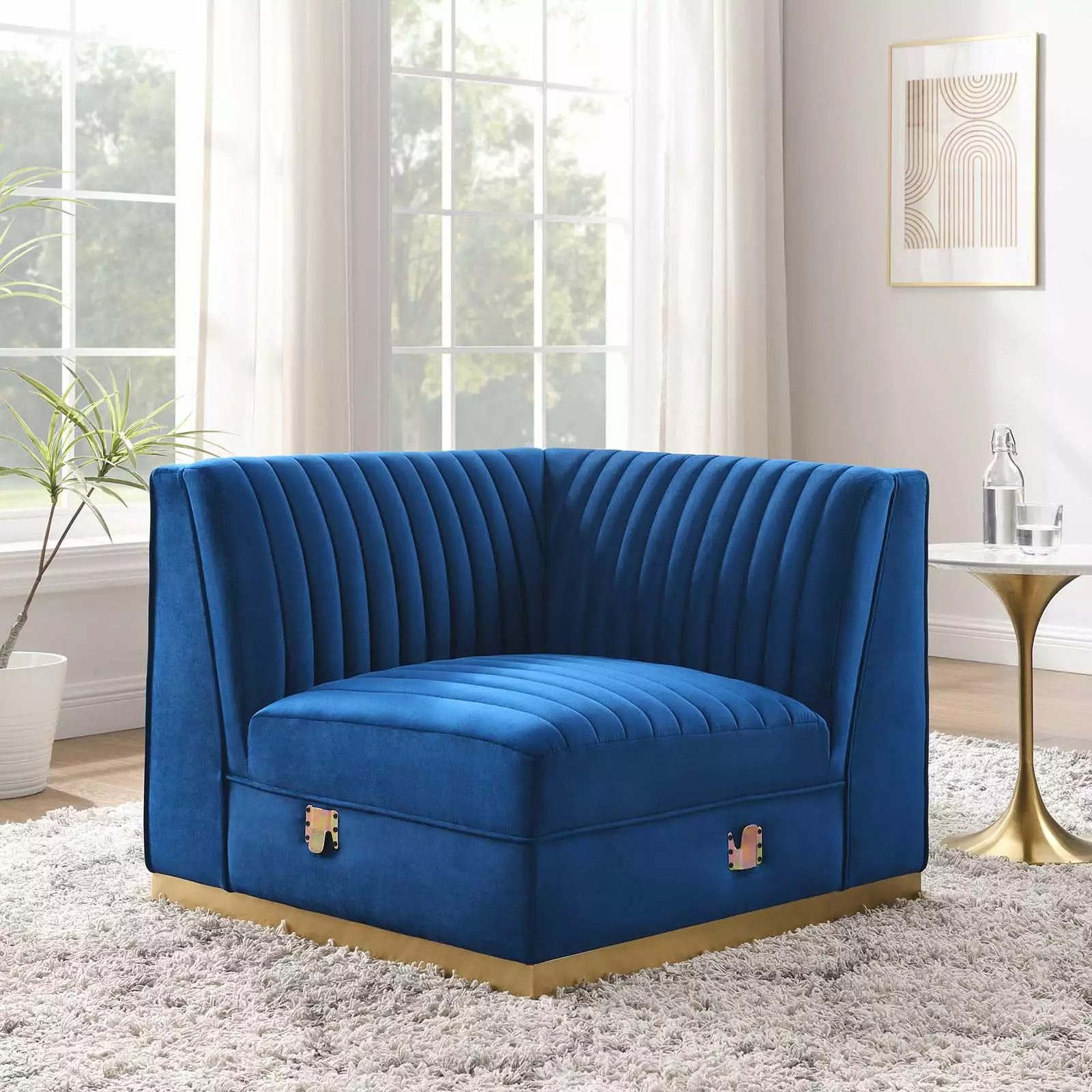 Modway Sanguine Channel Tufted Performance Velvet Modular Sectional Sofa Right Corner Chair in Navy Blue