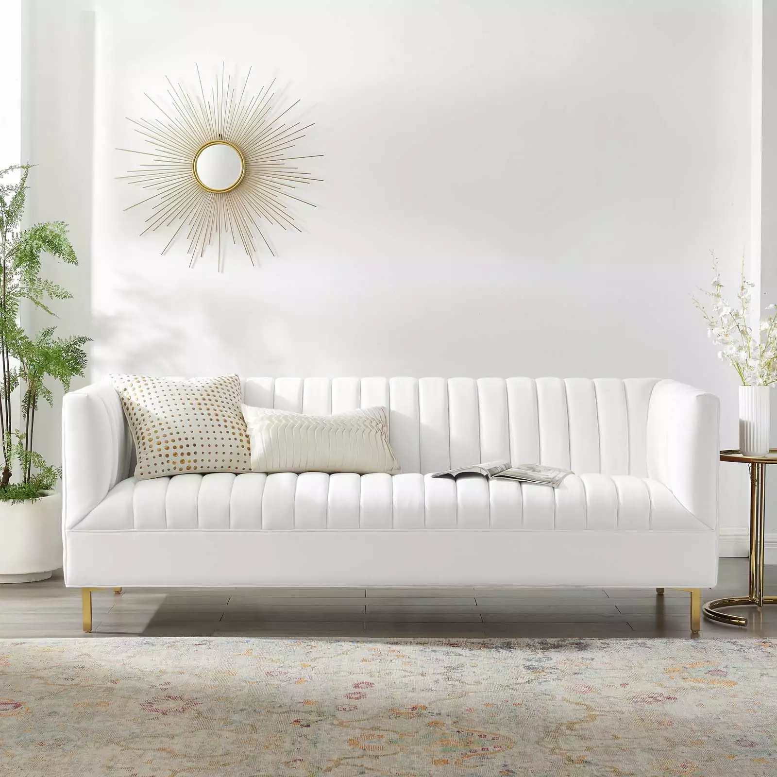 Modway Shift Modern Channel Tufted Performance Velvet Sofa in White/Gold