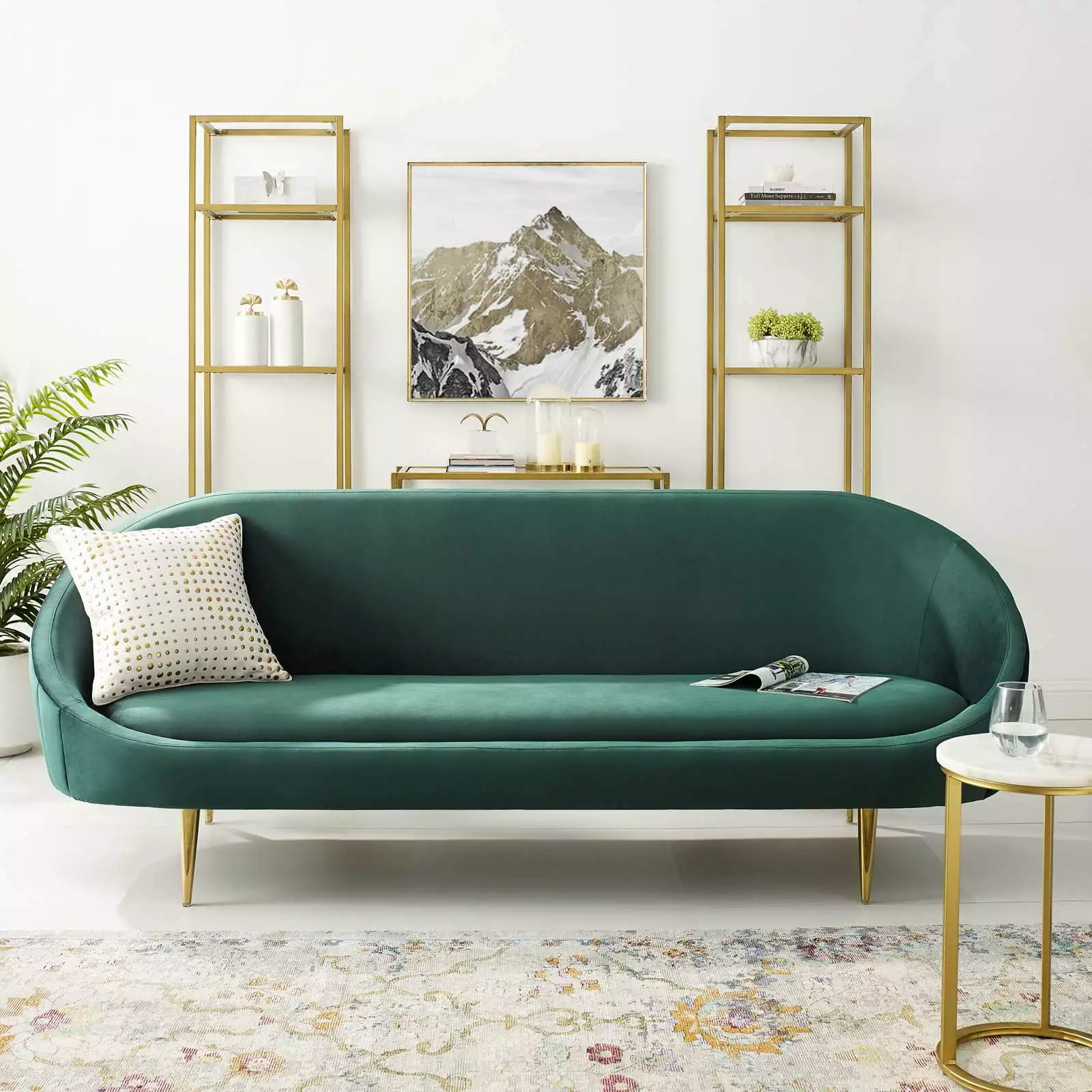 Modway Sublime Vertical Curve Back Performance Velvet Sofa in Green/Gold