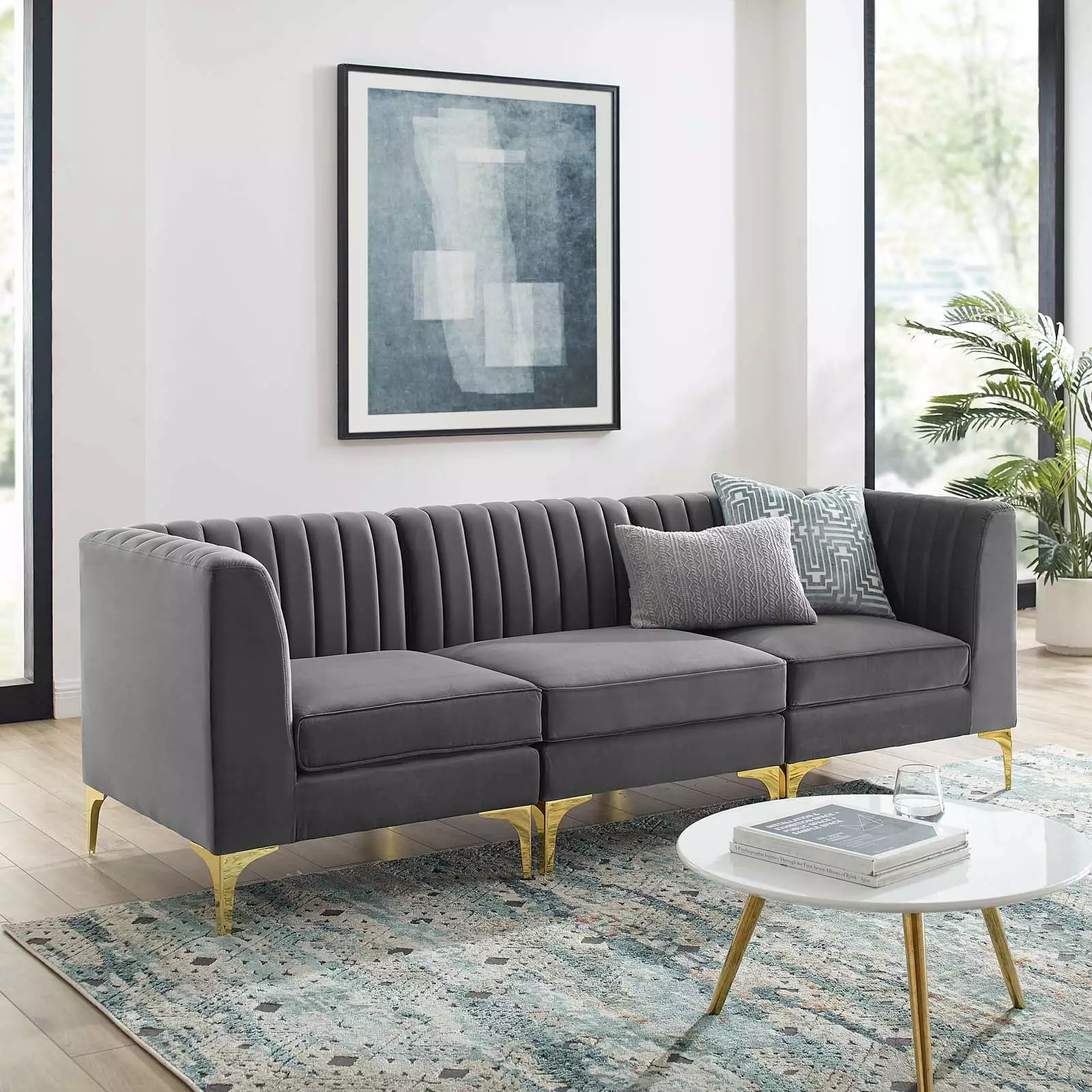 Modway Triumph 3-Seater Channel Performance Velvet Tufted Sofa in Gray