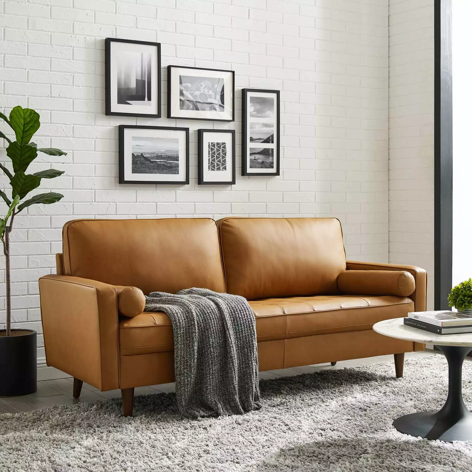 Modway Valour 73 Modern Top Grain Leather Upholstered Sofa in Tan