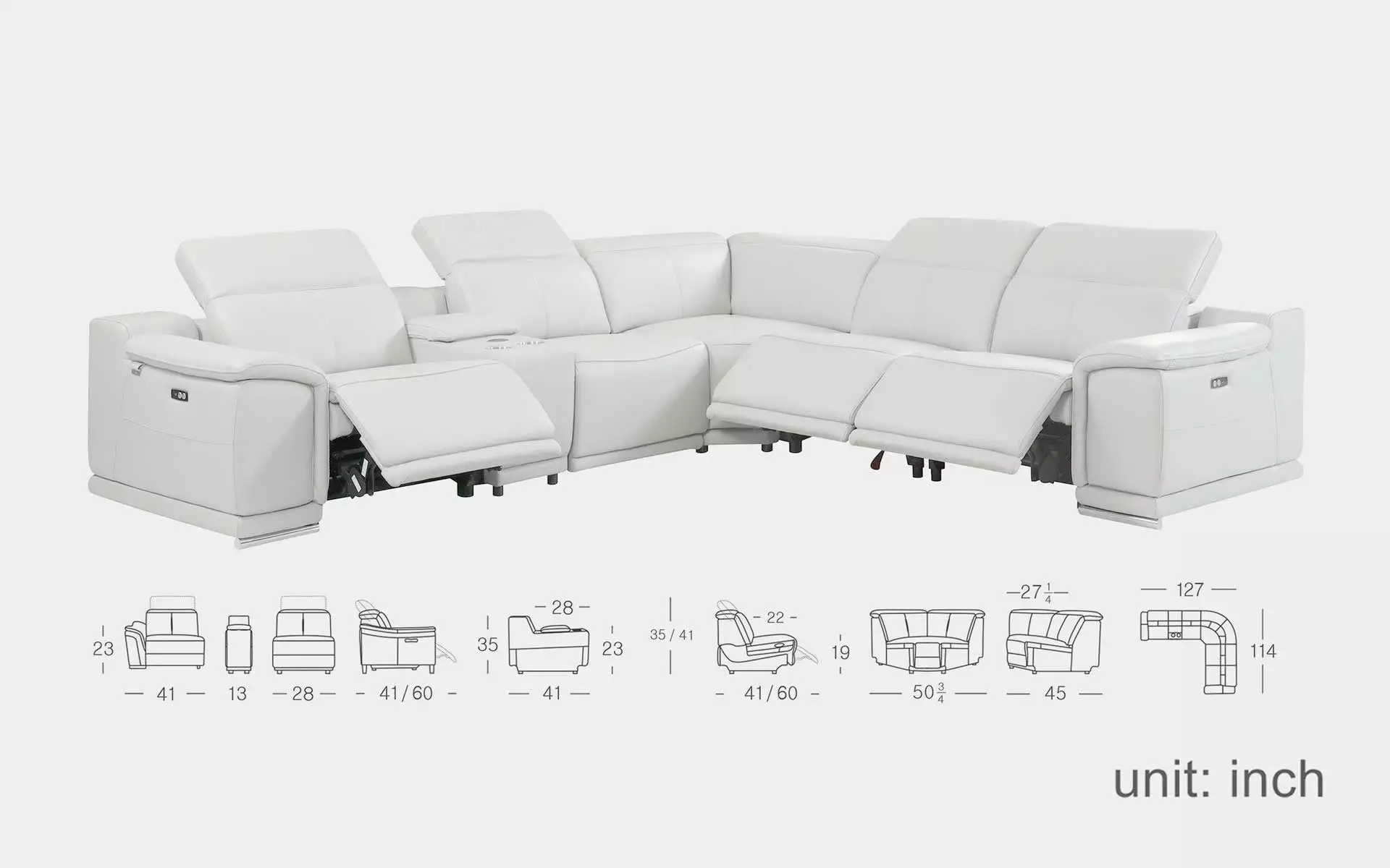 Mofit Home.Living Room.Cindy 6PCS Modern Motion Reclining Sectional with Console.USB.Manuel Adjustable Headrest.Power Recliner.White