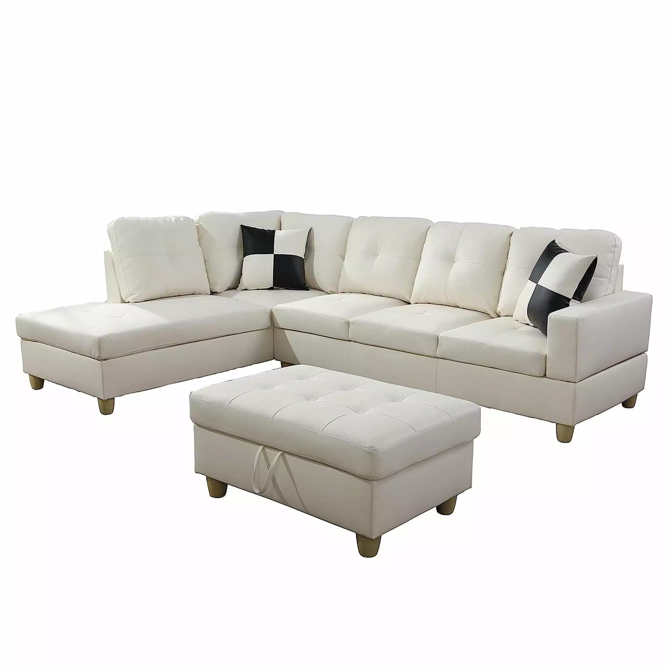 Momspeace Living Room Sectional Couch with Storage Ottoman. Modern PU Leather L-Shaped Sofa Couch Set - White