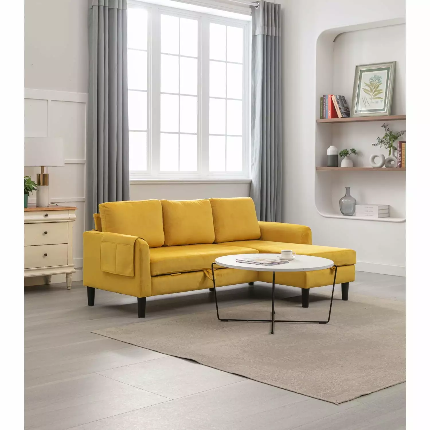 Mustard Sectional Sofa with Reversible Sleeper and Storage Chaise - Comfy L-shaped Couch with Pull Out Bed. Transformative Furniture for Modern Living Spaces