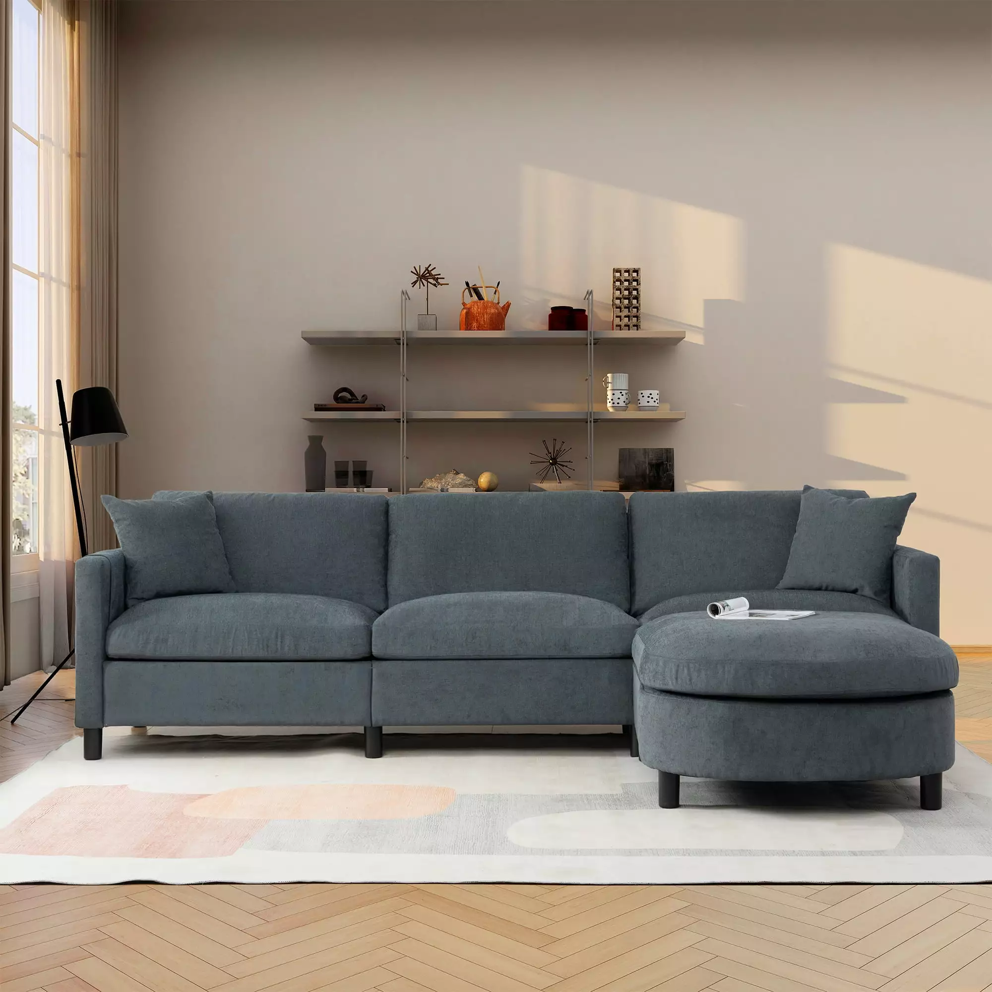 Muumblus 107.87 Sectional Sofa. L-Shaped Sofa with Reversible Ottoman. Dark Gray Fabric