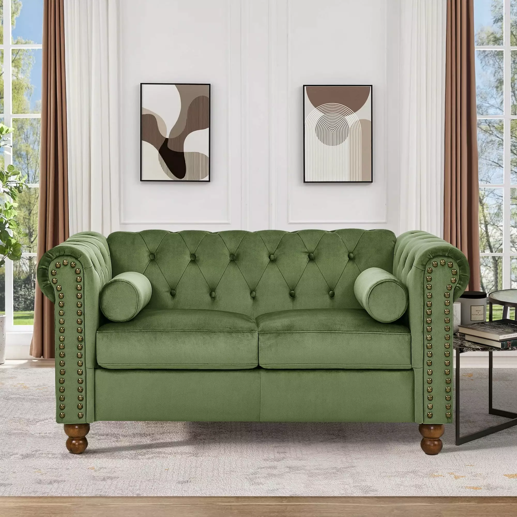 Muumblus 58 Loveseat Sofa for Living Room. Chesterfield Tufted Small Couch in Green Velvet