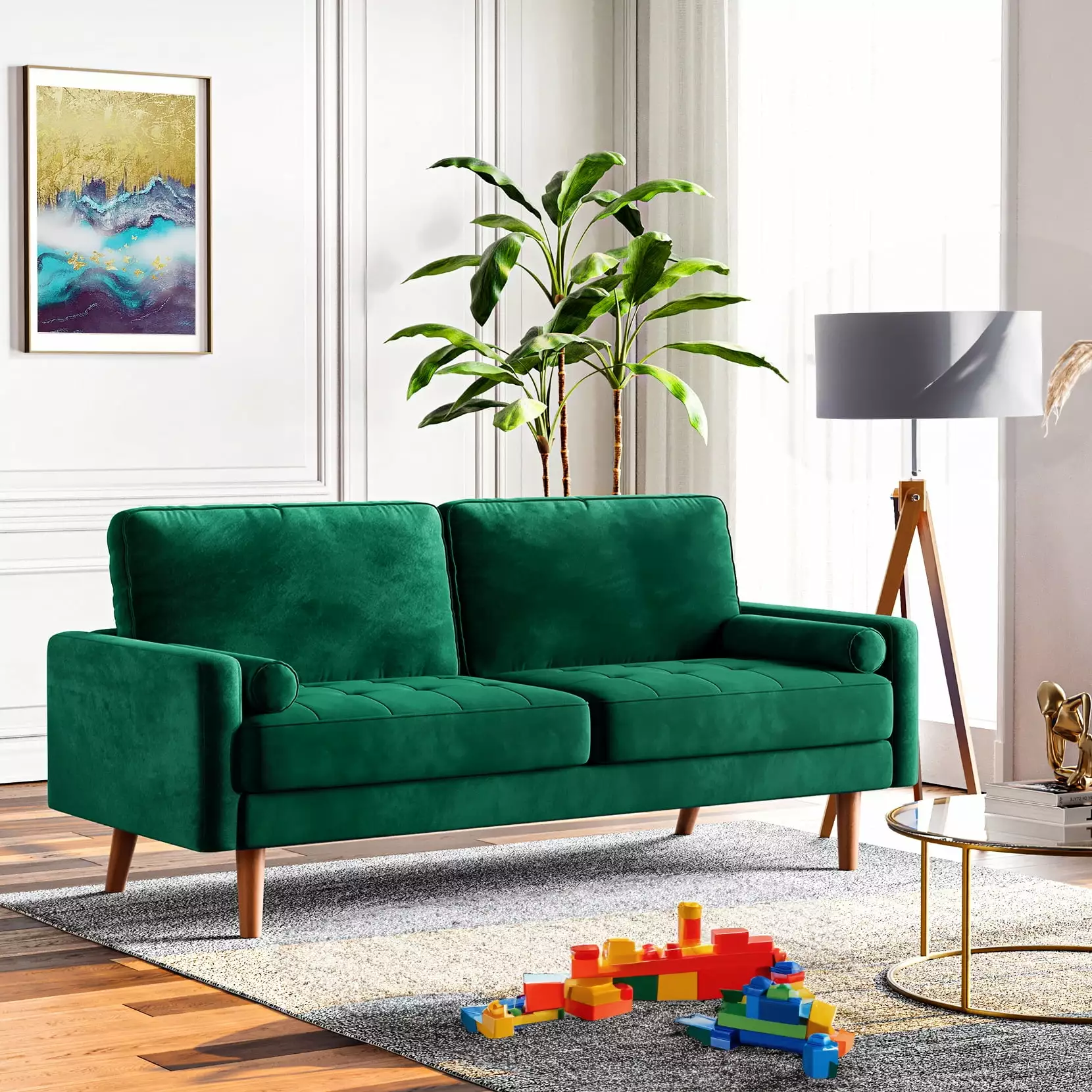 Naimp 69.3'' W Green Velvet Rolled Arm Sofa. Upholstered 3-Seater Loveseat