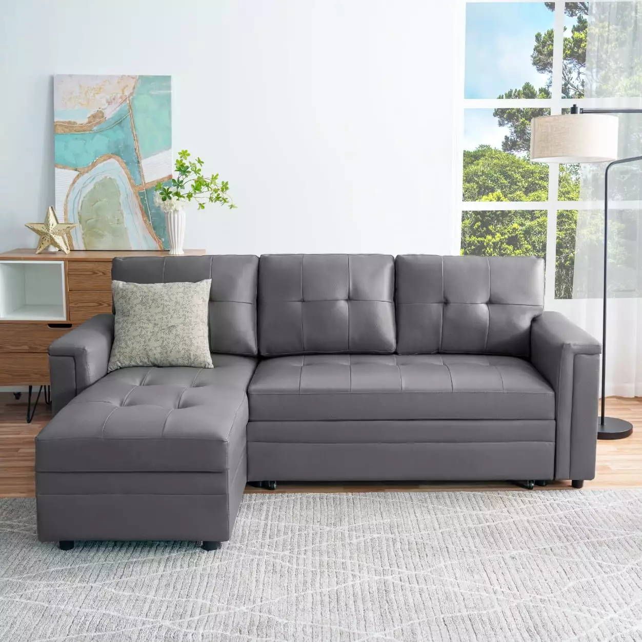 Naomi Home Lily Sectional Sleeper Sofa with USB ports-L-Shaped Couch Convertible Pull-Out Bed. Ample Storage. Timeless Design. Sturdy Construction. Long-Lasting for Modern Living. Gray. Air Leather