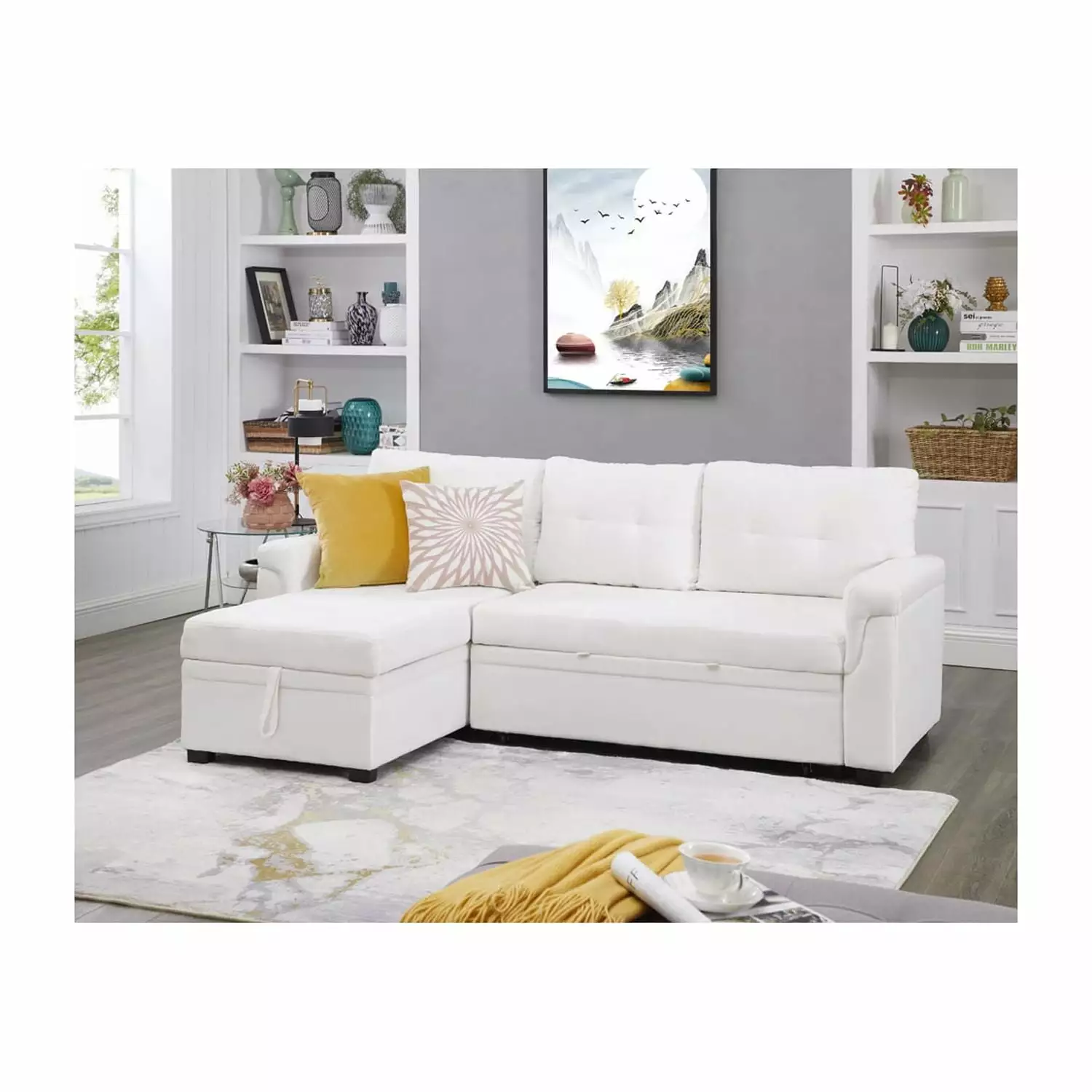 Naomi Home Reversible Sleeper Sectional Sofa Storage Chaise - White. Velvet