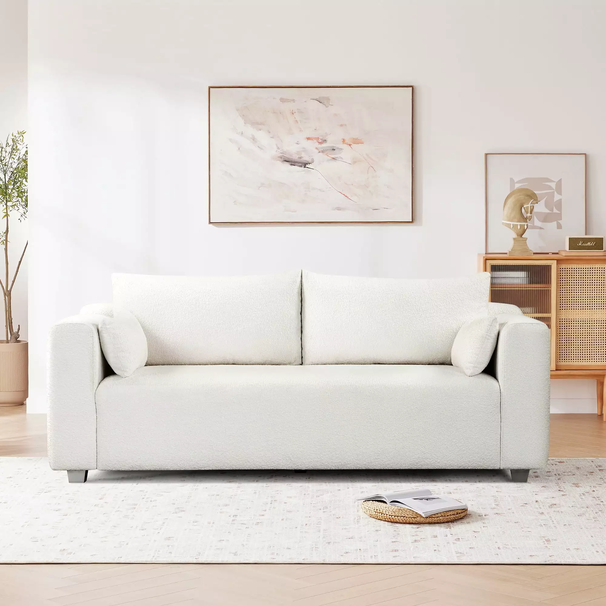 [New] 82*36 Modern Loop Yarn Fabric Sofa. One-Piece Seat Frame. Minimalist 2-3 Seat Couch Easy to Install. Loveseats with Extra Wide Domed Arms for Living Room. Bedroom. Apartment. Office(2 Pillows)