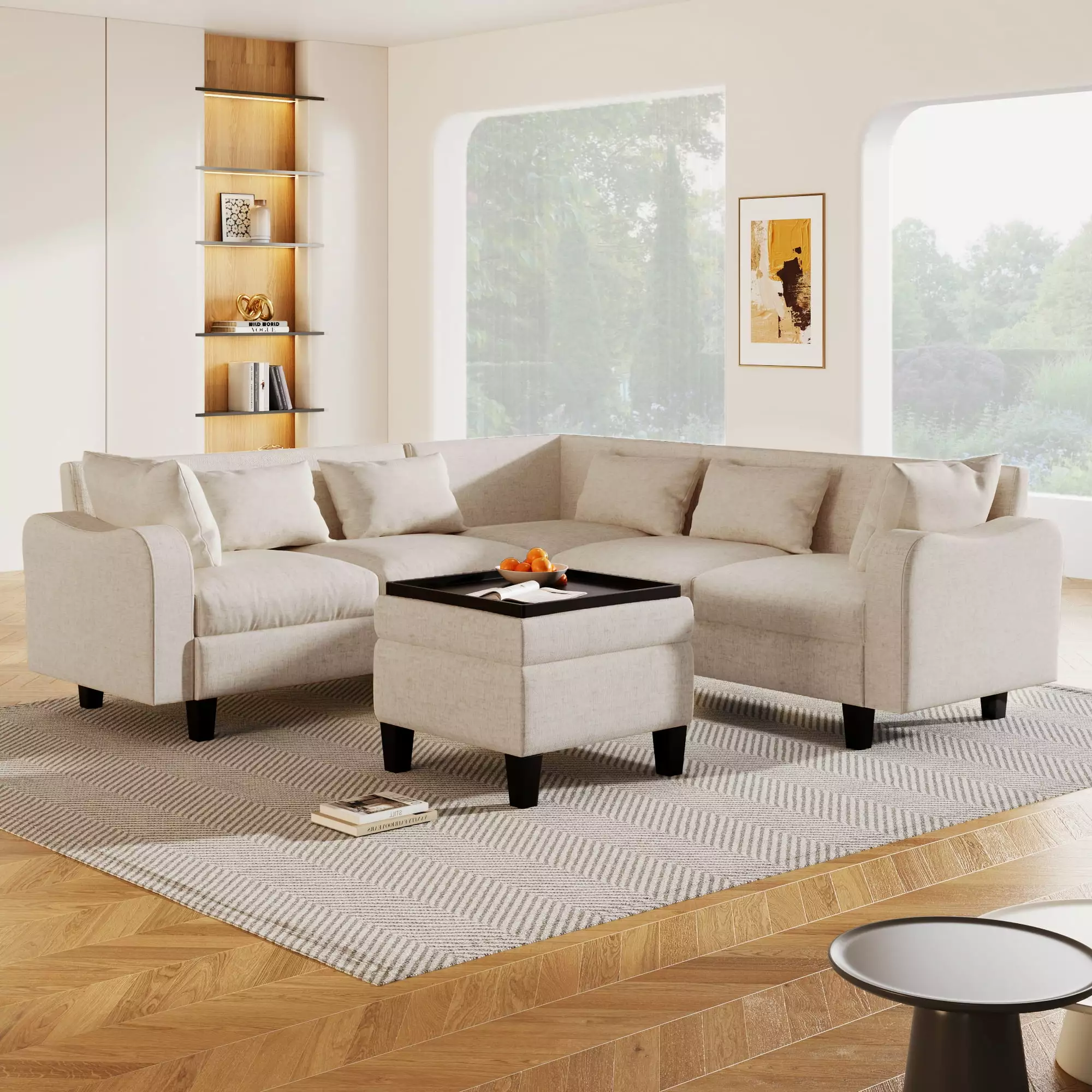 [New]87 Modern Sectional Sofa with coffee table.6-Seat Couch Set with Storage Ottoman.Various Combinations.L-Shape Indoor Furniture with Unique Armrests for Living Room.Apartment. 2 Colors(6 pillows)