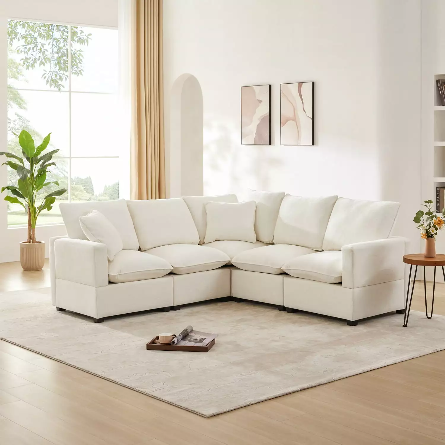 [New] Stylish Modern L Shape Modular Sofa with Video Spacious 84*84 Size 5 Seater Chenille Sectional Couch Set Including 2 Comfortable Pillows. Freely Combinable Indoor Furniture Ideal