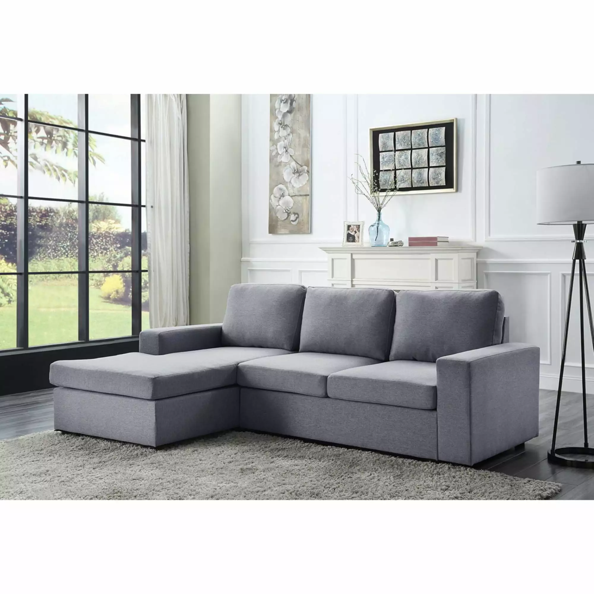 Newlyn Linen Fabric Reversible Sectional Sofa Chaise in Light Gray