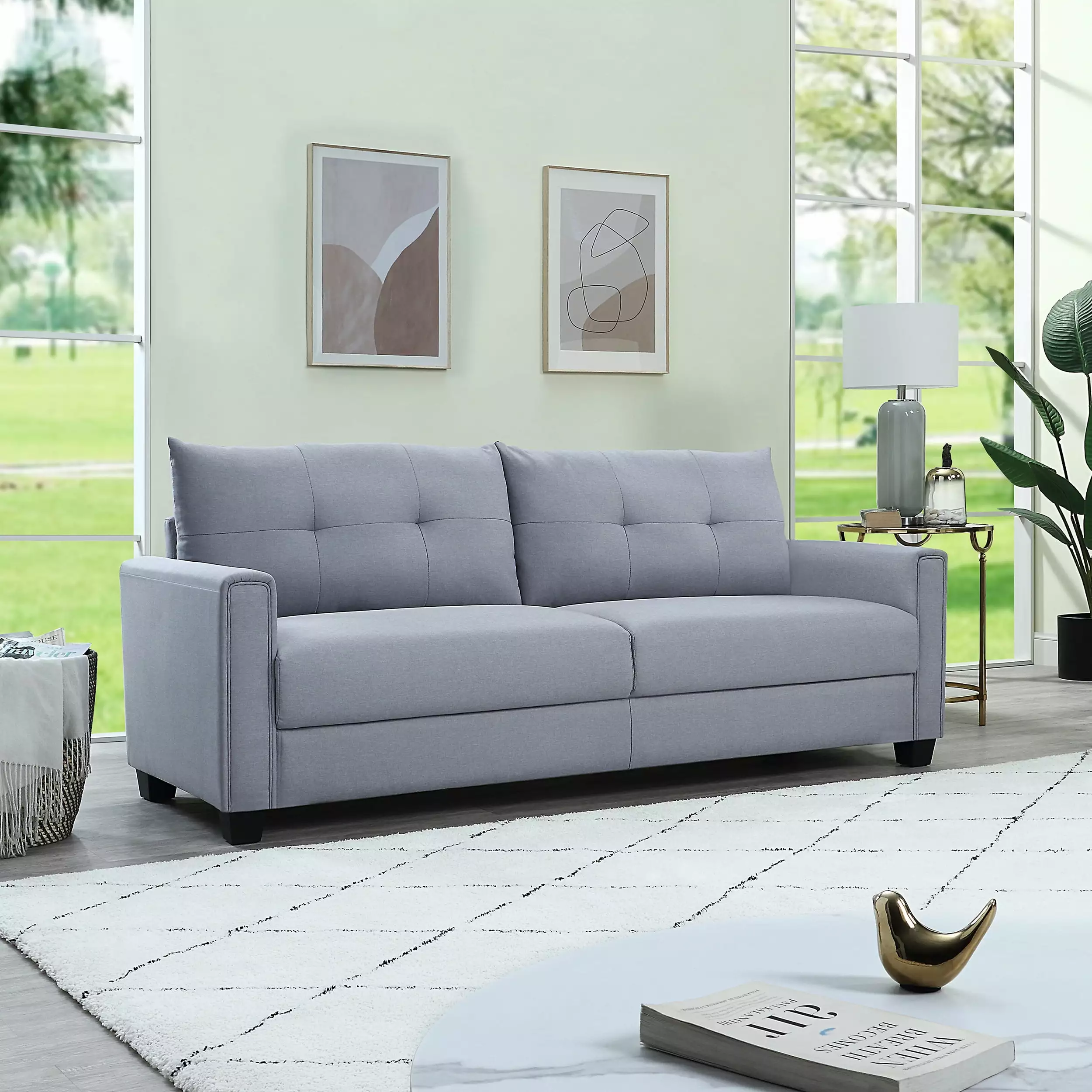 Nmkwnr 3 Seater Loveseat Sofa with Wood Frame. Modern Linen Sofa Couch for Office. Living Room. Light Gray