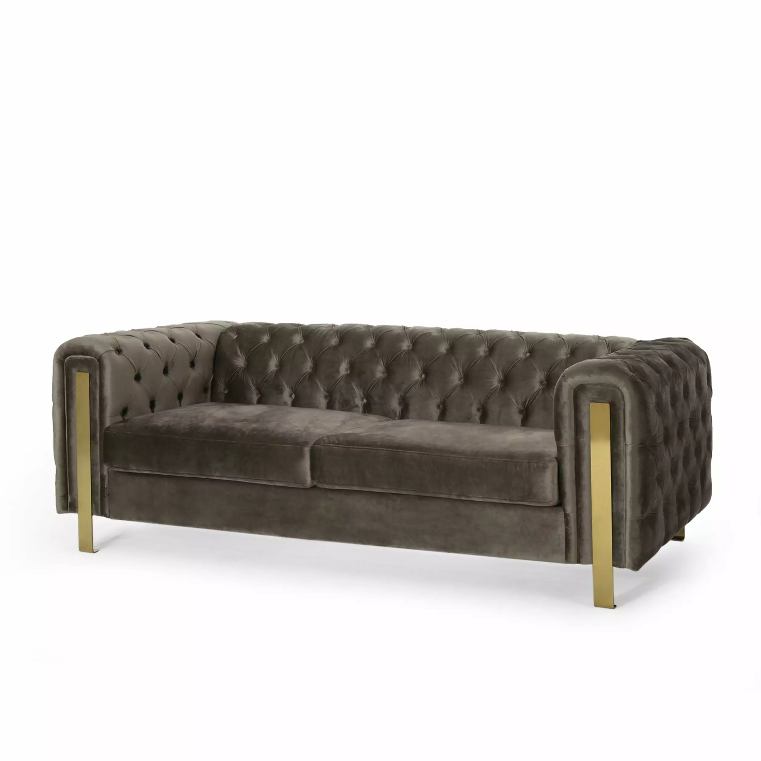 Noble House Addyston Velvet Tufted 3 Seater Sofa. Gray and Gold