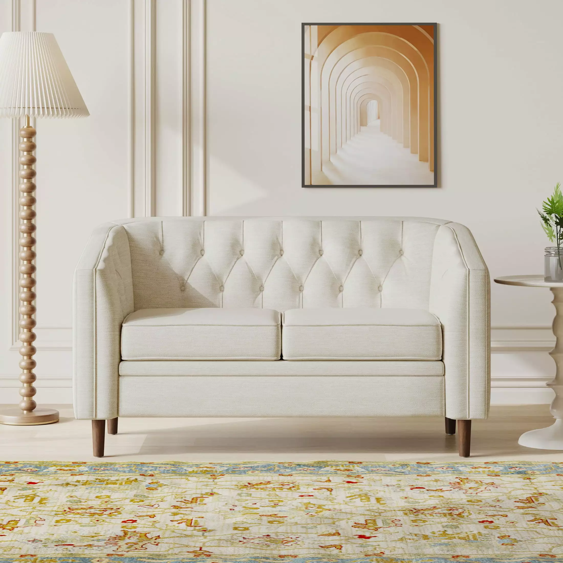 Noble House Brookover Contemporary Fabric Tufted Loveseat. Beige and Espresso