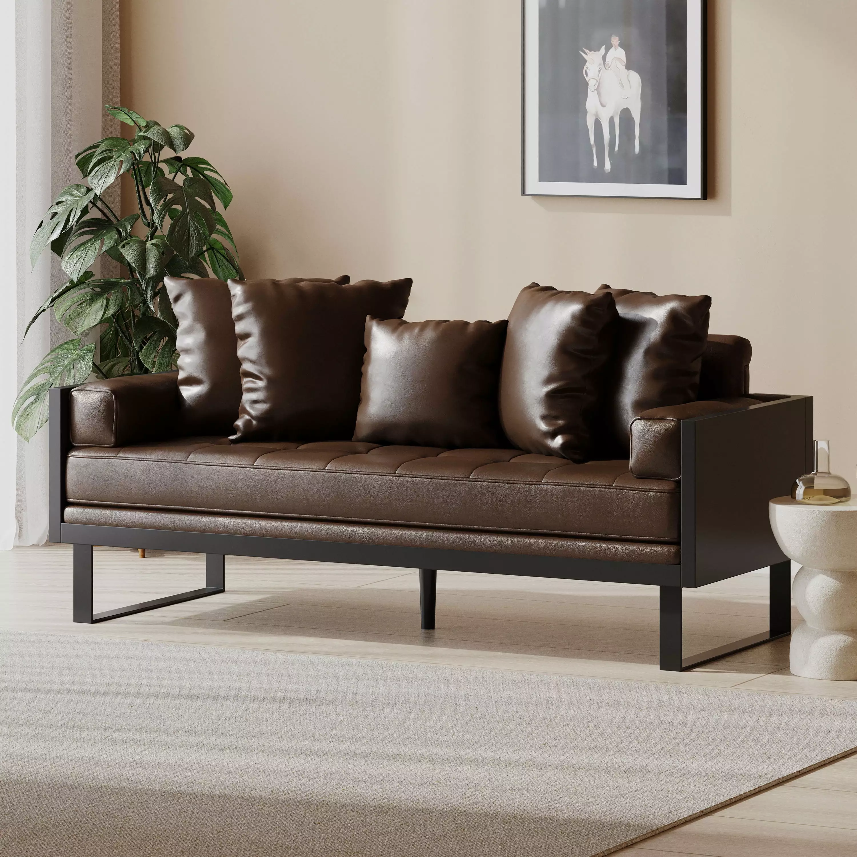 Noble House Gould Indoor Faux Leather Upholstered Oversized Loveseat. Dark Brown and Black