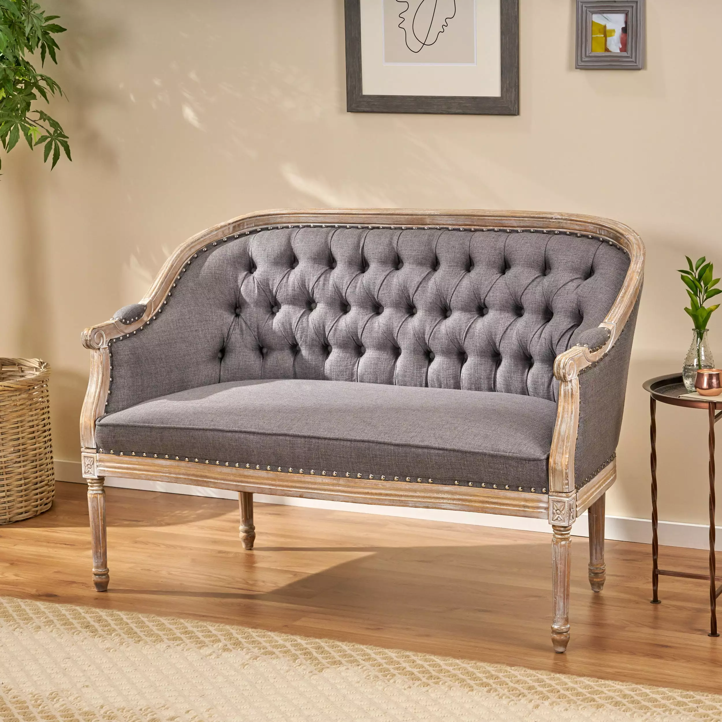 Noble House Sarahbella Fabric Loveseat with Nailhead. Dark Gray