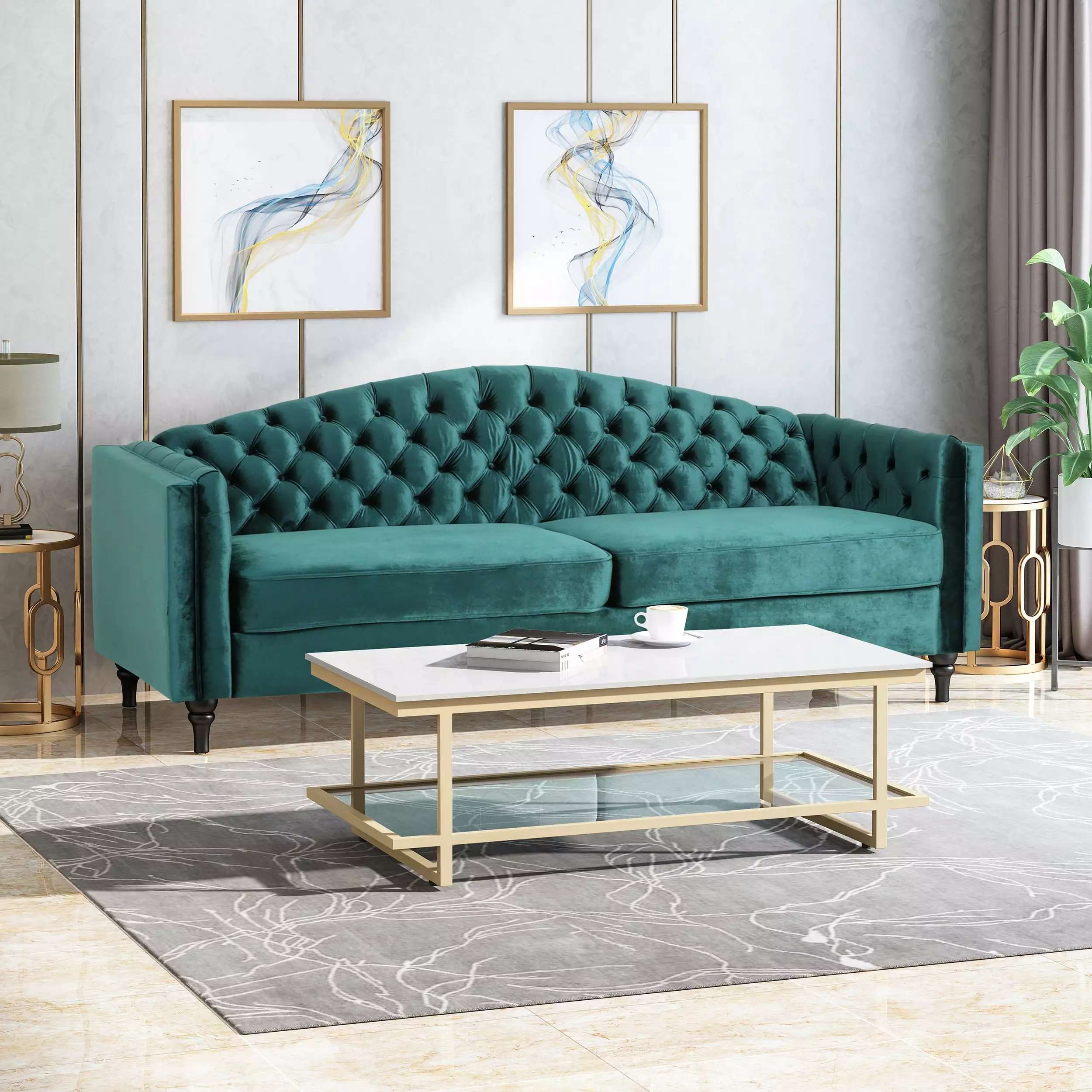 Noble House Tempe Upholstered Velvet 3 Seater Sofa. Teal. Dark Brown