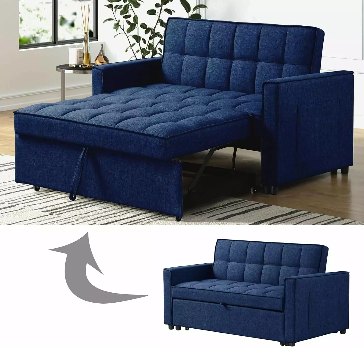 OUllUO Convertible Sleeper Sofa. 3 in 1 Pull Out Couch with Adjustable backrest. Storage Pockets. Small Loveseat Futon Sofa Bed for Living Room. Small Space. Apartment. Blue Fabric