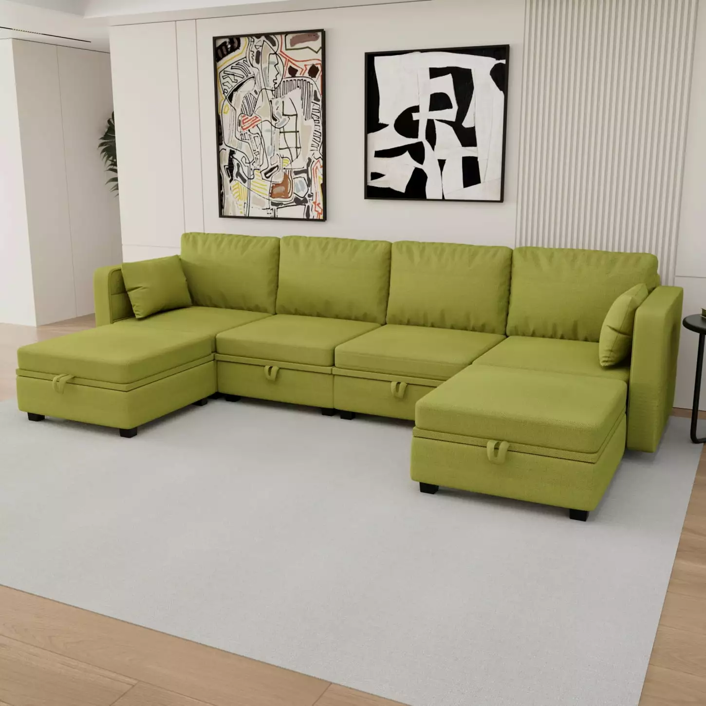 Olive Linen U-Shape Modular Couch with Convertible Chaise. Flexible Layouts. Hidden Seat Storage. Tailormade for Modern Interior Settings. A Design that Transforms