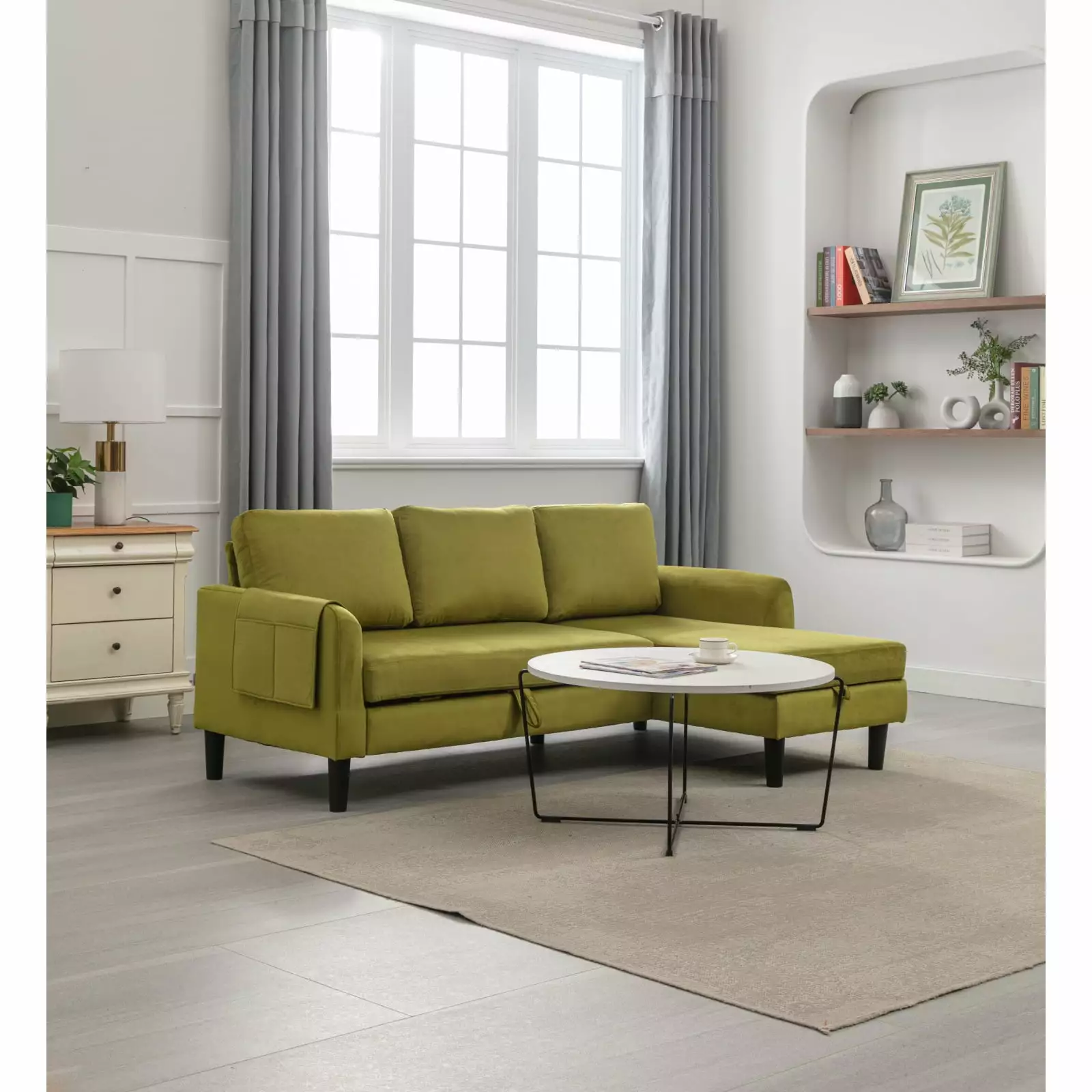 Olive Sectional Sofa. Reversible Sleeper with Storage Chaise. L-Shaped Design in Polyester Upholstery. Foam Filled for Comfort. Versatile Living Room Furniture with Easy Assembly