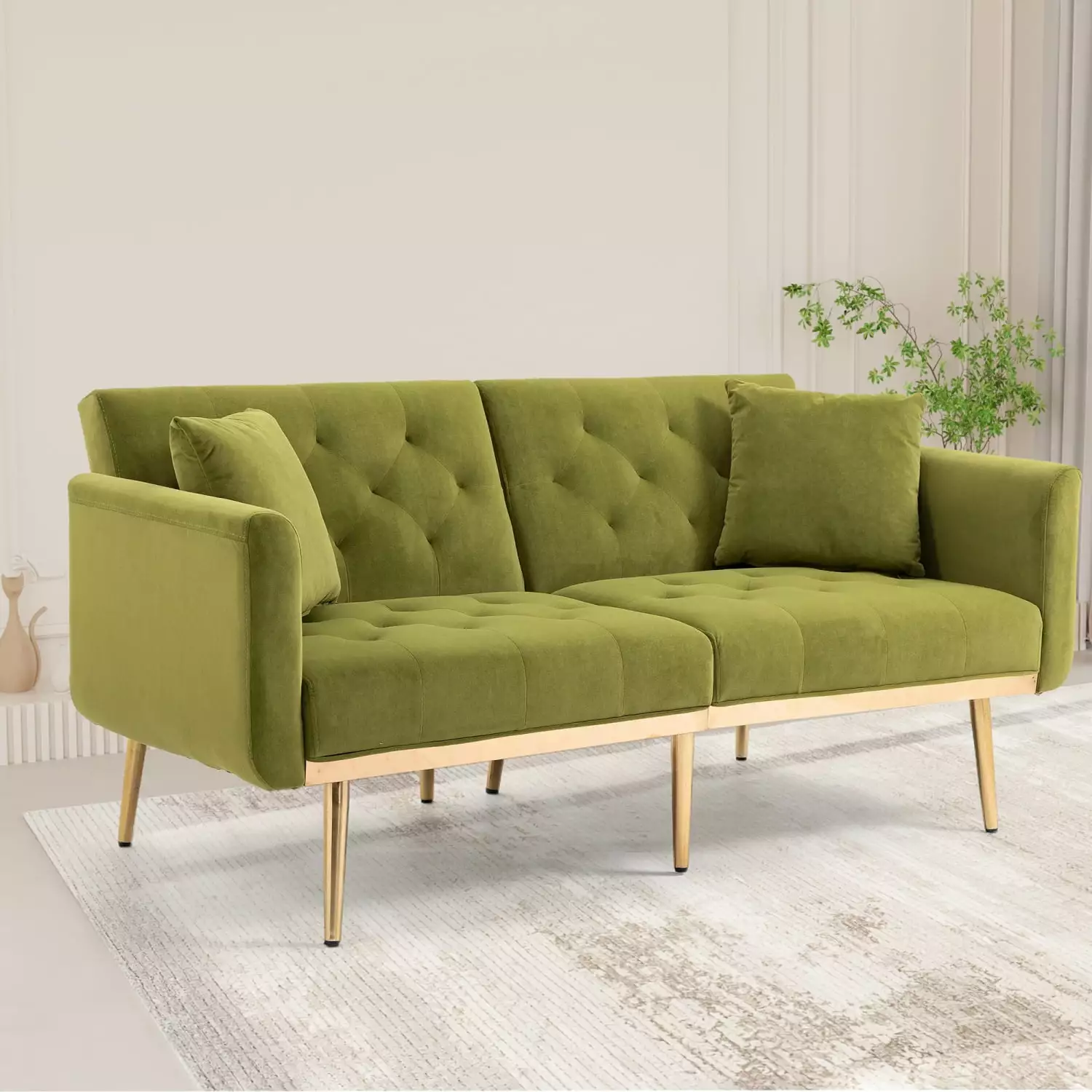 Olive Velvet Sofa - Elegant Accent Loveseat with Rose Golden Metal Feet. European Stylish Design. Comfortable Seating for Living Space. Dimensions 65.36 x 30.71 x 30.31