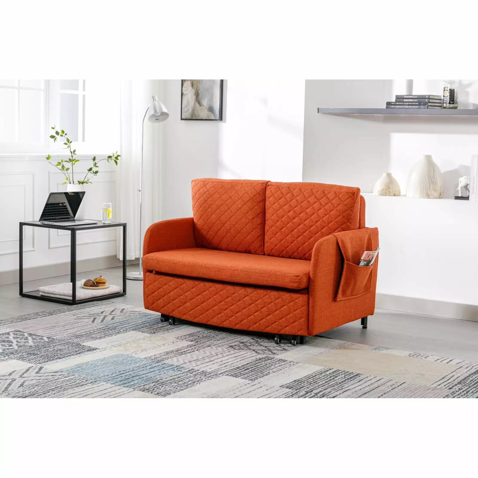 Orange Convertible Sleeper Sofa Bed | Modern Velvet Loveseat with Pull Out Bed | Compact Futon with Headboard. 2 Pillows & Side Pockets | Ultimate Comfort & Durable Metal Frame for Living Room