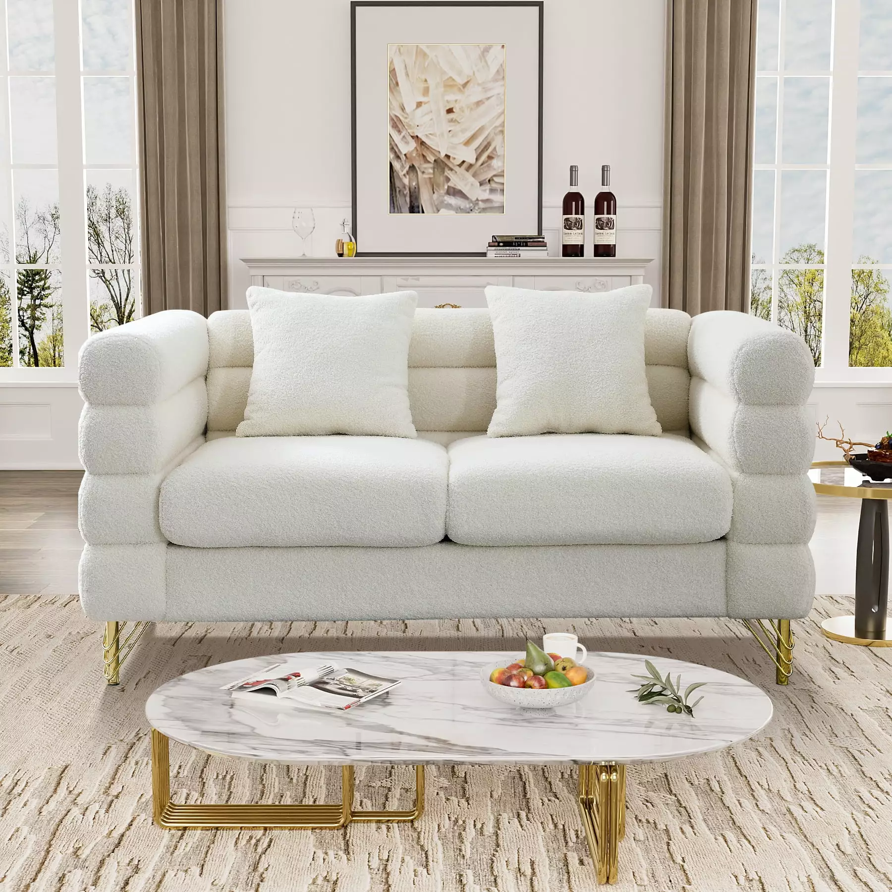 Ouyessir Modern Living Room Sofa.Teddy Fabric Upholstered Sofa Couch with Golden Metal Legs.Classic 2-Seater Boucl?? Sofa Comfy Accent Sofa