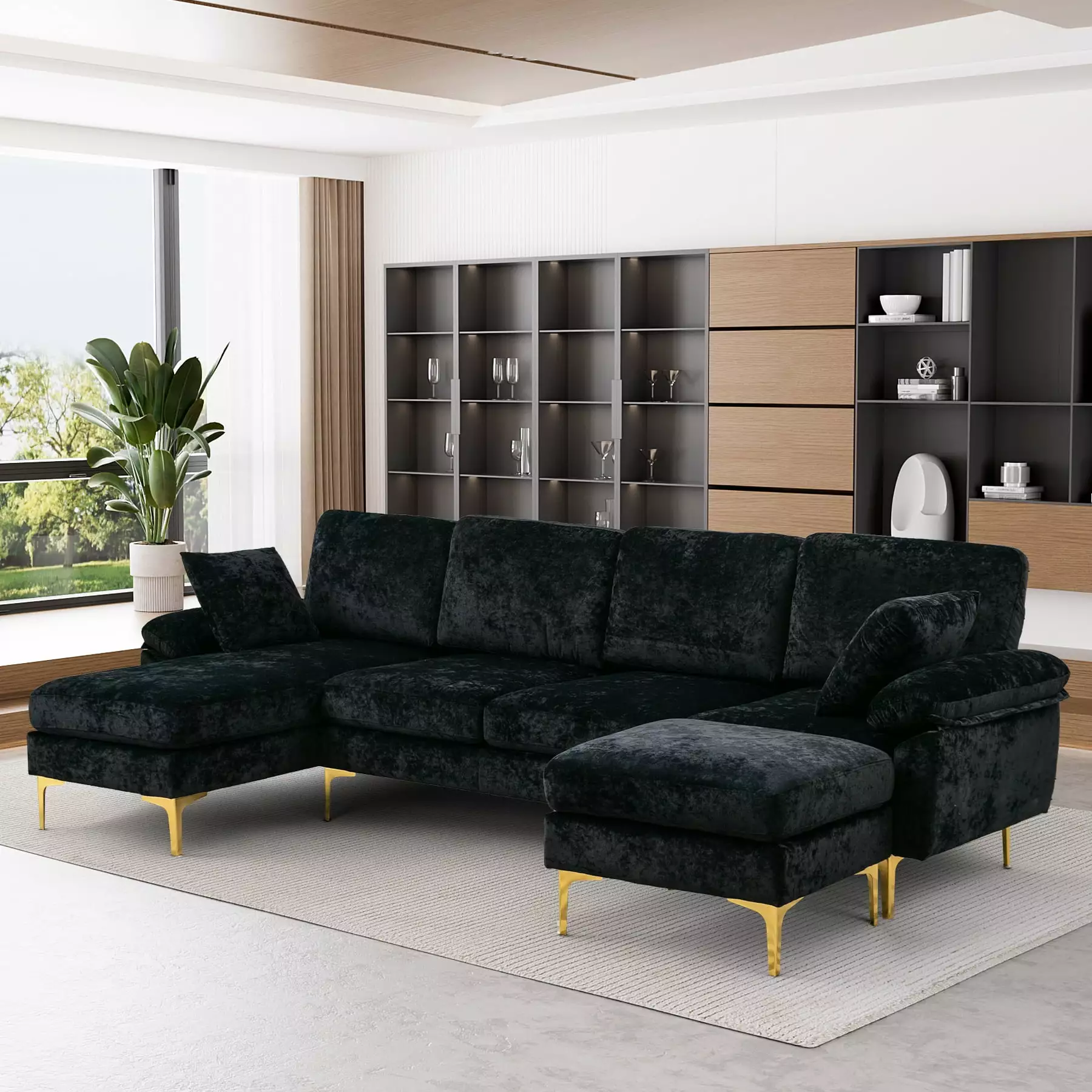 Ouyessir U-Shaped Sectional Sofa. 4 Seat Sofa Set for Living Room. 114 inches Convertible L-Shaped Velvet Couch Set with Chaise Lounge. Ottoman and Pillows