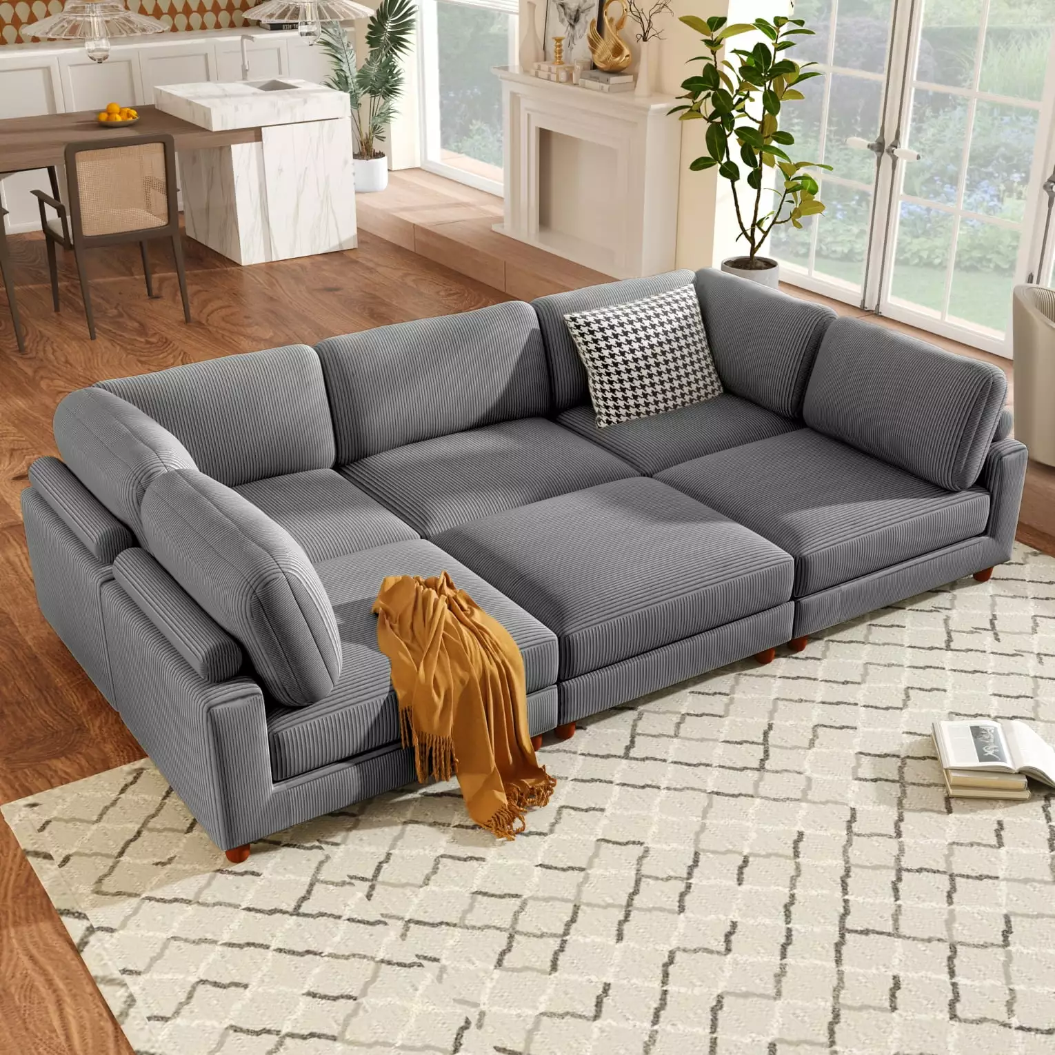 Oversize U-Shaped Modular Sectional Sofa with Ottoman. 6-Seater Convertible Modular Sofa Bed. L-Shaped Corner Sofa Couch W/ Wood Legs for Living Room.Office.Apartment. Easy Assembly. Grey