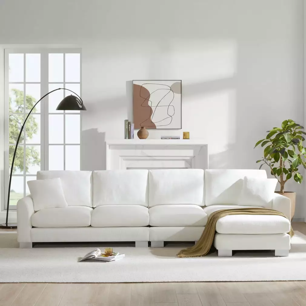 Oversized L-Shaped Sectional Sofa Couch. Modern Chenille Cloud Couch Set with Chaise & Pillows. Comfy 5 Seats Sectional Sofa Sleeper Couch Bed for Living Room Apartment Office. 119L*55D. White