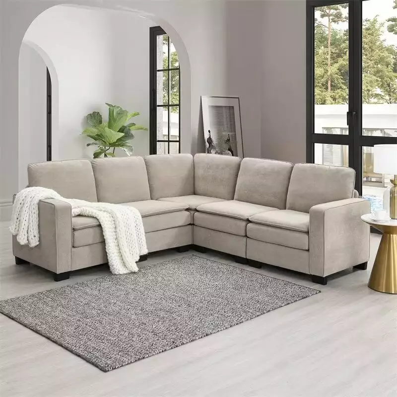 Oversized Modular Sectional Sofa. L-Shaped Velvet Upholstered Sofa with Double Cushions. 5 Seater Cloud Corner Couch Indoor Furniture for Living Room. Apartment. Office. Khaki