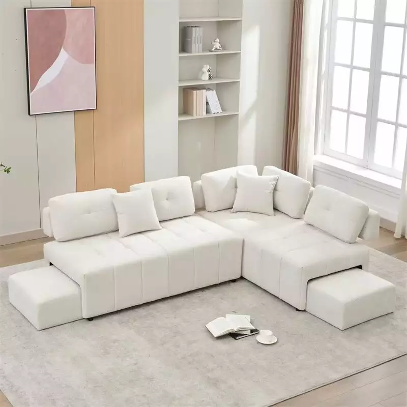 Oversized Modular Sectional Sofa Set. 91.73 L-shaped Sectional Sofa Couch with 2 Stools and 2 Lumbar Pillows. Modern Accent Sofa with Thickened Back Cushions for Living Room Office. Beige