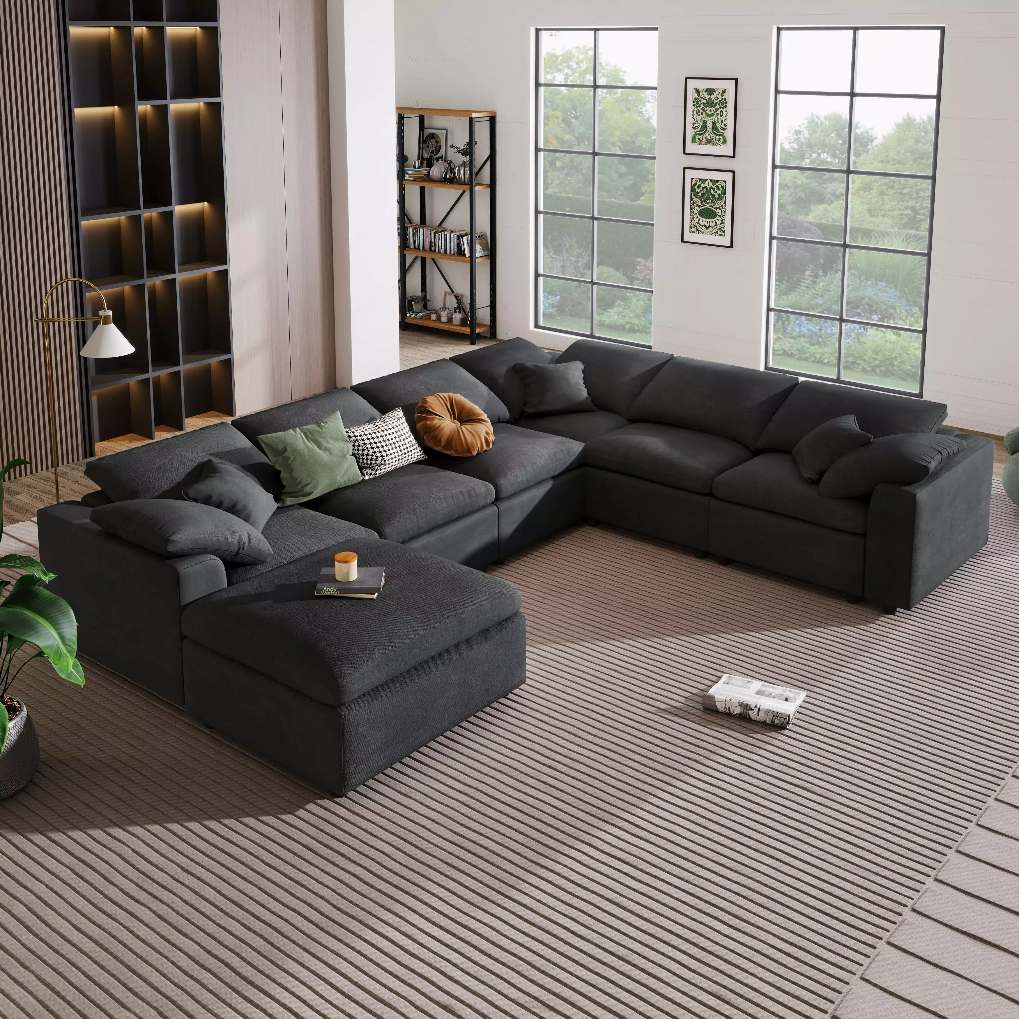 Oversized Modular Sectional Sofas with Ottoman. L Shaped Corner Sectional for Living Room. Modern Sofa Sets Grey