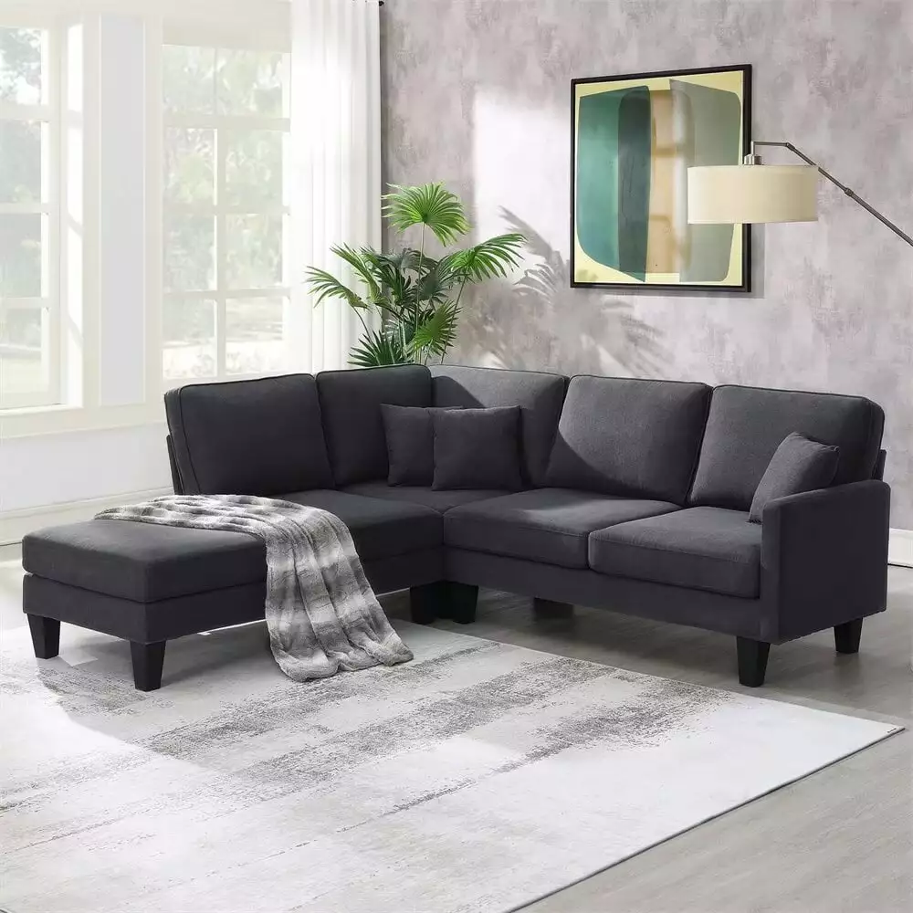 Oversized Modular Sofa Set. 90 L-Shaped Sectional Sofa 5-Seater Couch with Chaise Lounge and 3 Pillows. Modern Indoor Furniture for Living Room Apartment Office. Grey