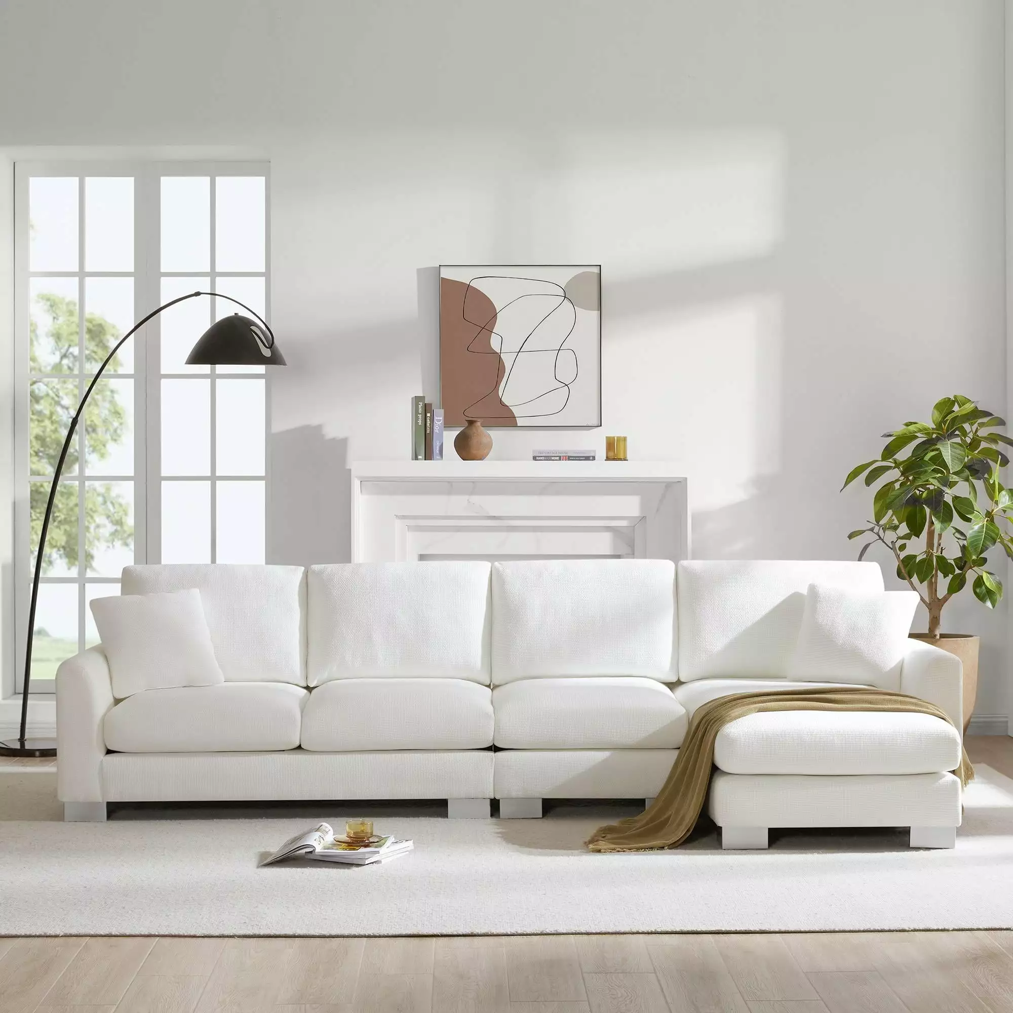 Oversized Sectional Couch with Chaise Lounge. Atumon 5-Seat L-Shaped Couch with 2 Pillows. Modern L-Shaped Couch Set Furniture. Upholstered Sectional Couch for Living Room Apartment. White