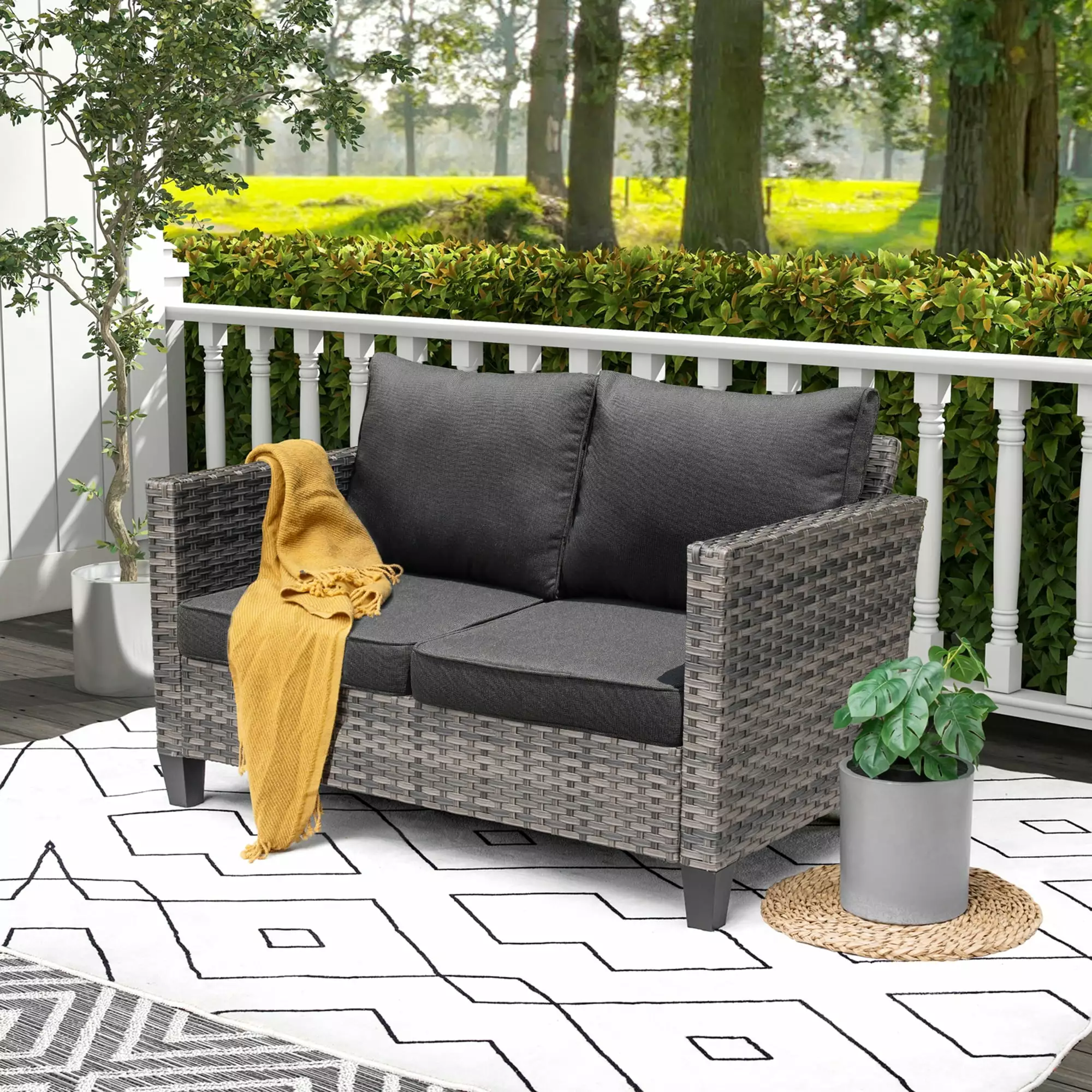 Ovios Outdoor Love Seat All-Weather Wicker Rattan Sofa with Cushions for Gardens & Patios