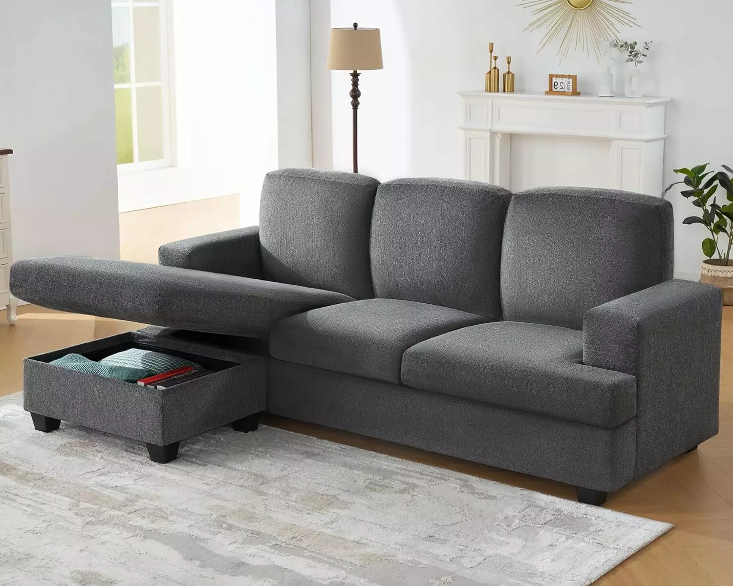 PAPAJET 89 Inch Reversible L Shape Sofa with Chaise. Convertible Sofa with Storage.Grey Chenille